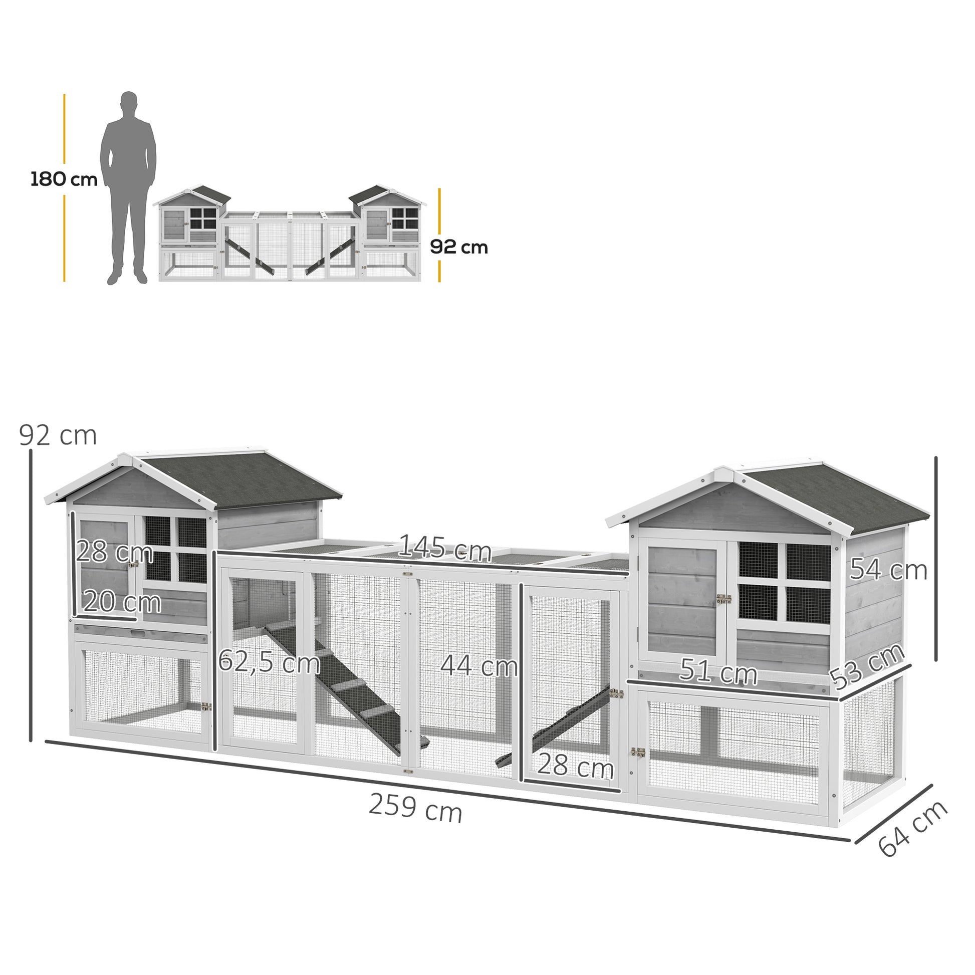 Rabbit Hutch Small Animal Hutch made of Wood Rabbit House with Outdoor Enclosure, Ramp, Small Animal House with Floor Tray, Small Animal Cage for Indoor Outdoor Gray 259 x 64 x 92 cm