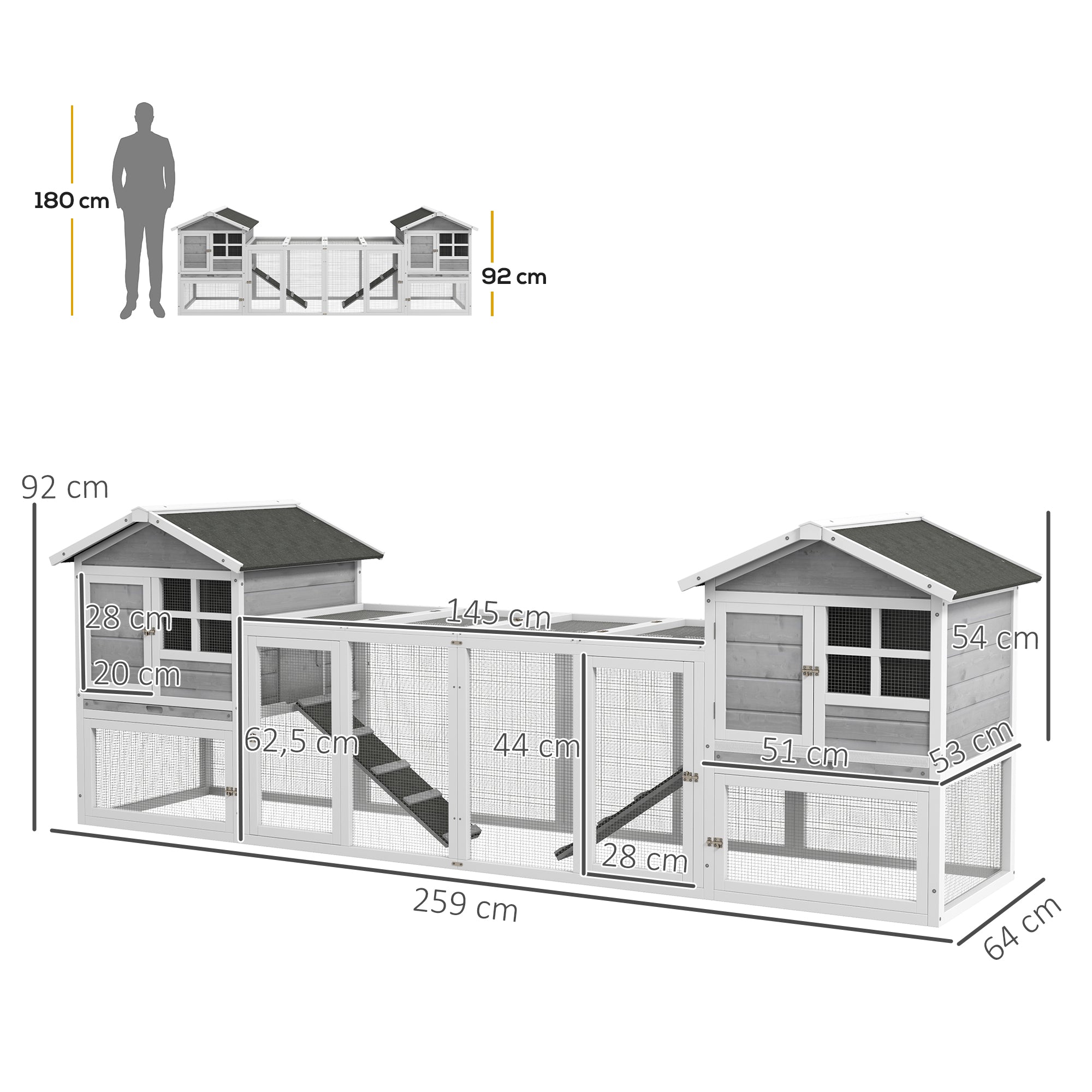 Rabbit Hutch Small Animal Hutch made of Wood Rabbit House with Outdoor Enclosure, Ramp, Small Animal House with Floor Tray, Small Animal Cage for Indoor Outdoor Gray 259 x 64 x 92 cm