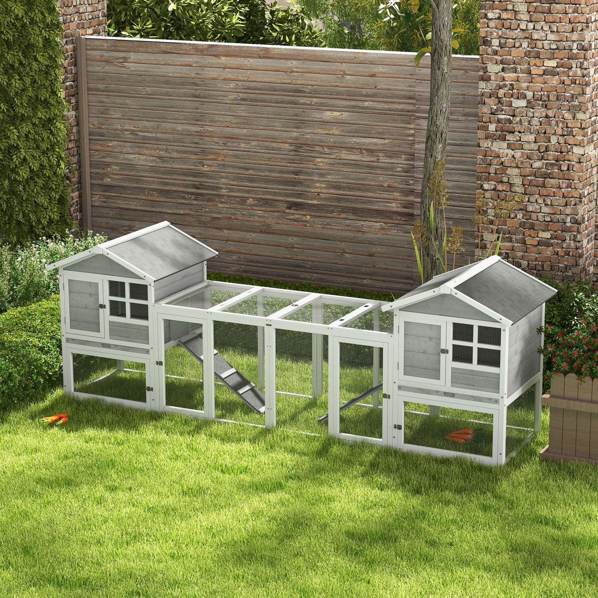Rabbit Hutch Small Animal Hutch made of Wood Rabbit House with Outdoor Enclosure, Ramp, Small Animal House with Floor Tray, Small Animal Cage for Indoor Outdoor Gray 259 x 64 x 92 cm