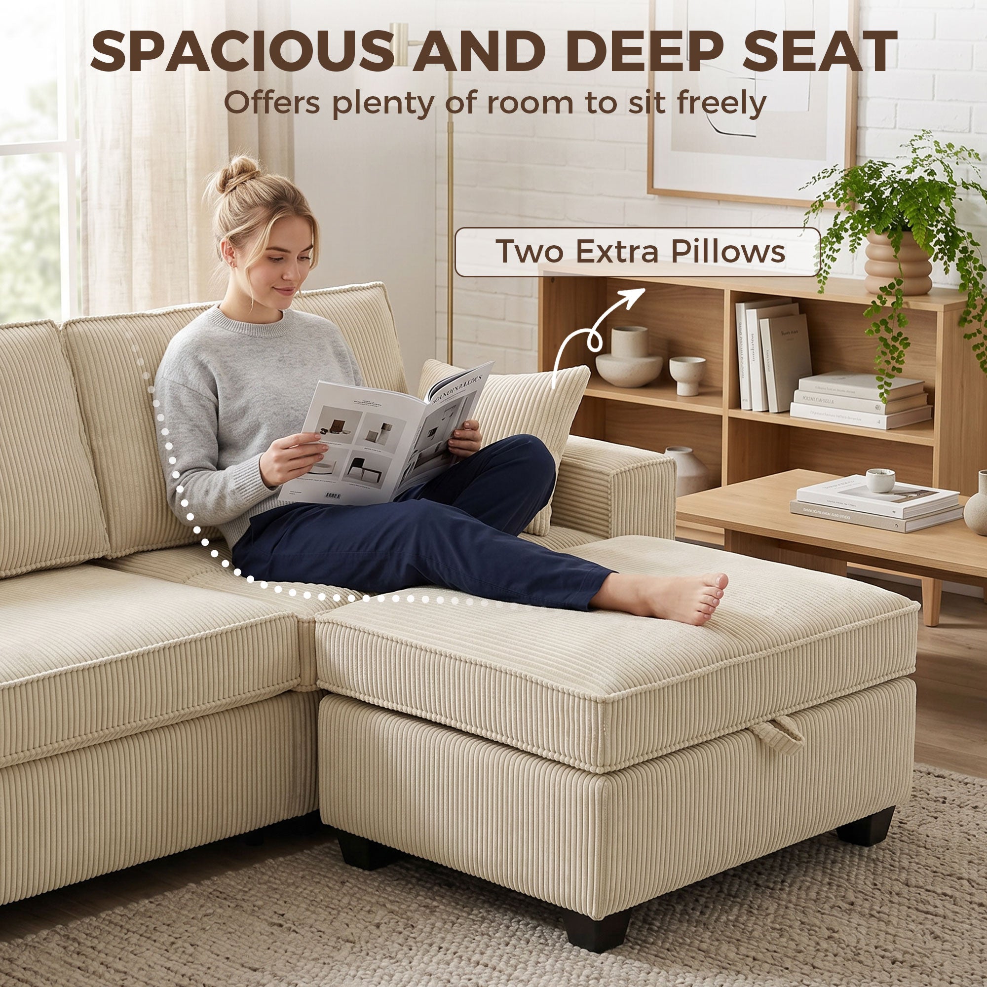 L-Shaped 3-Seater Corner Sofa with Storage Ottoman, Corduroy Upholstery, Wide Seating & 2 Cushions — Beige