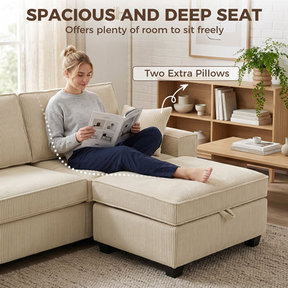 L-Shaped 3-Seater Corner Sofa with Storage Ottoman, Corduroy Upholstery, Wide Seating & 2 Cushions — Beige