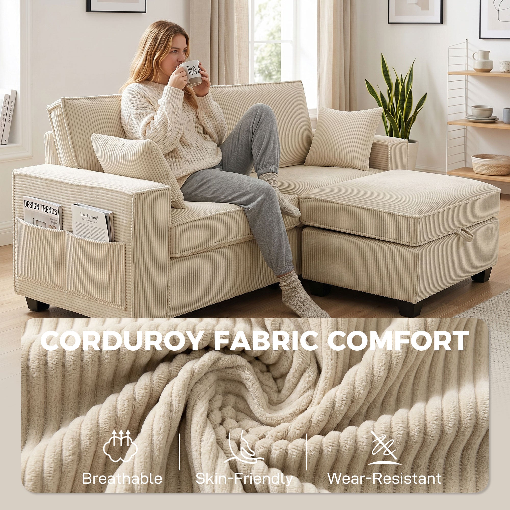 L-Shaped 3-Seater Corner Sofa with Storage Ottoman, Corduroy Upholstery, Wide Seating & 2 Cushions — Beige