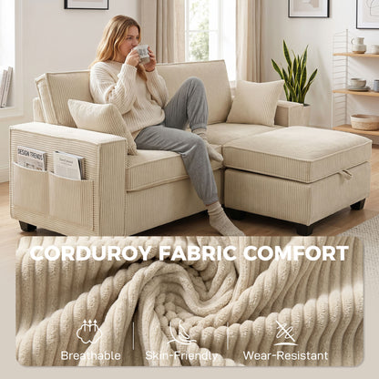 L-Shaped 3-Seater Corner Sofa with Storage Ottoman, Corduroy Upholstery, Wide Seating & 2 Cushions — Beige