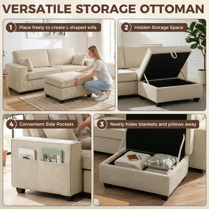 L-Shaped 3-Seater Corner Sofa with Storage Ottoman, Corduroy Upholstery, Wide Seating & 2 Cushions — Beige