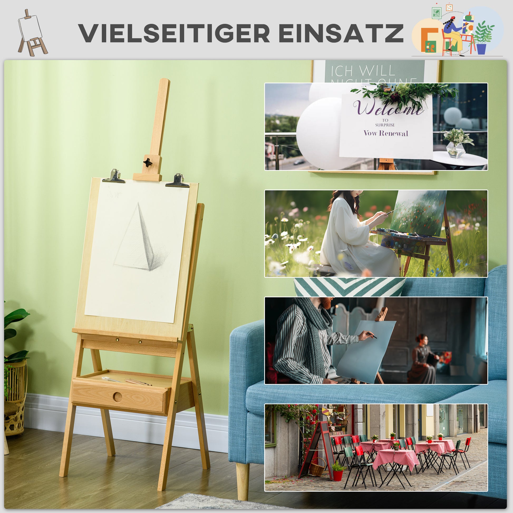 Easel Wood Large 150-190 cm High Wooden Easel for Canvases up to 92 cm Canvas Stand with Integrated Painting Case Field Easel for Painting, Sketching, Wedding, Exhibition