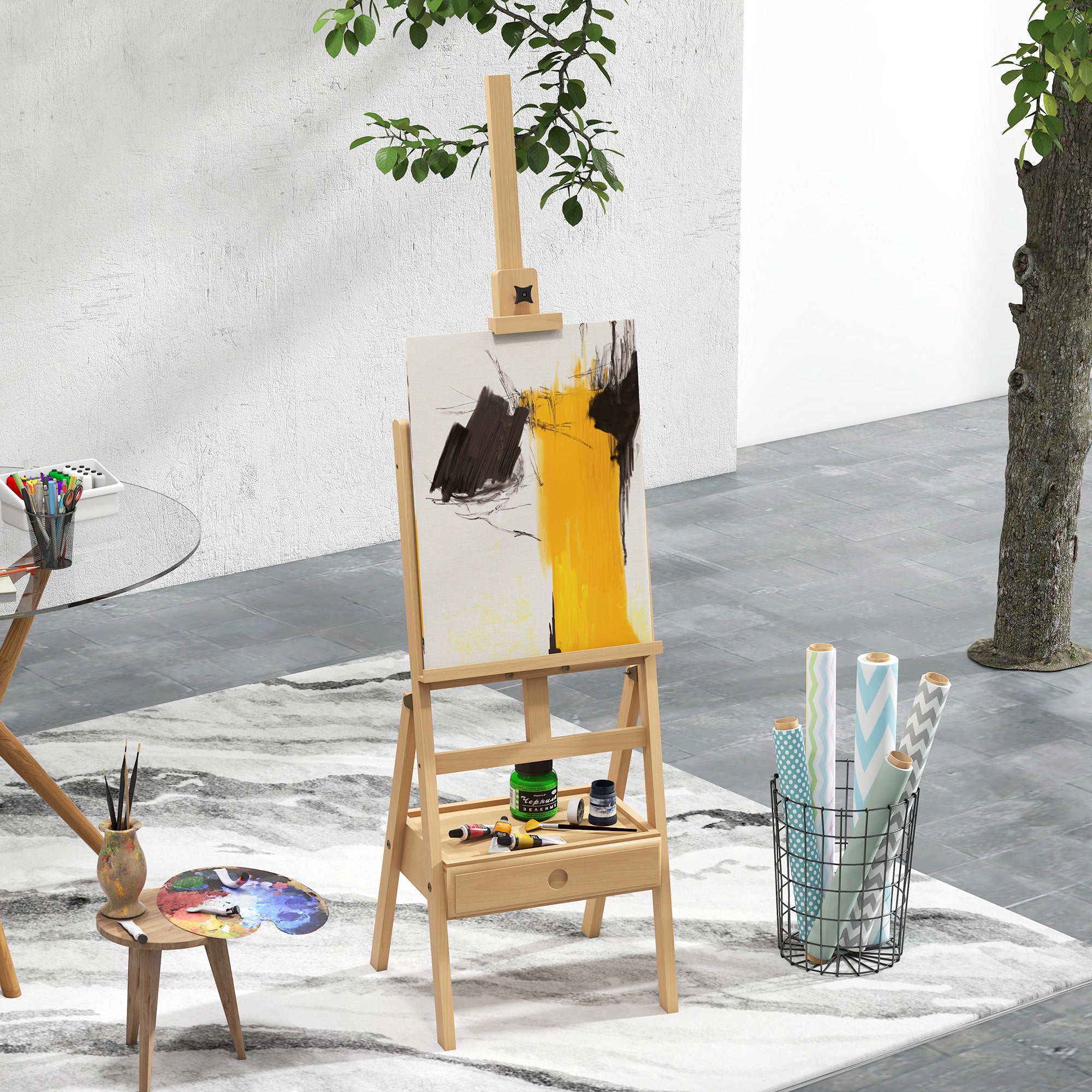 Easel Wood Large 150-190 cm High Wooden Easel for Canvases up to 92 cm Canvas Stand with Integrated Painting Case Field Easel for Painting, Sketching, Wedding, Exhibition