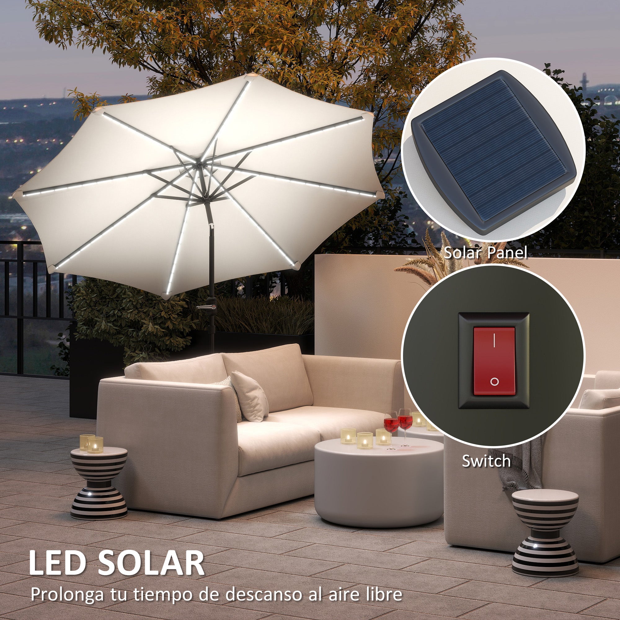 Outdoor Patio Umbrella with Solar LED Lights Ø292x252 cm Garden Umbrella with Adjustable Tilt up to 45° Waterproof and Crank Parasol for Patio Pool Without Base Cream