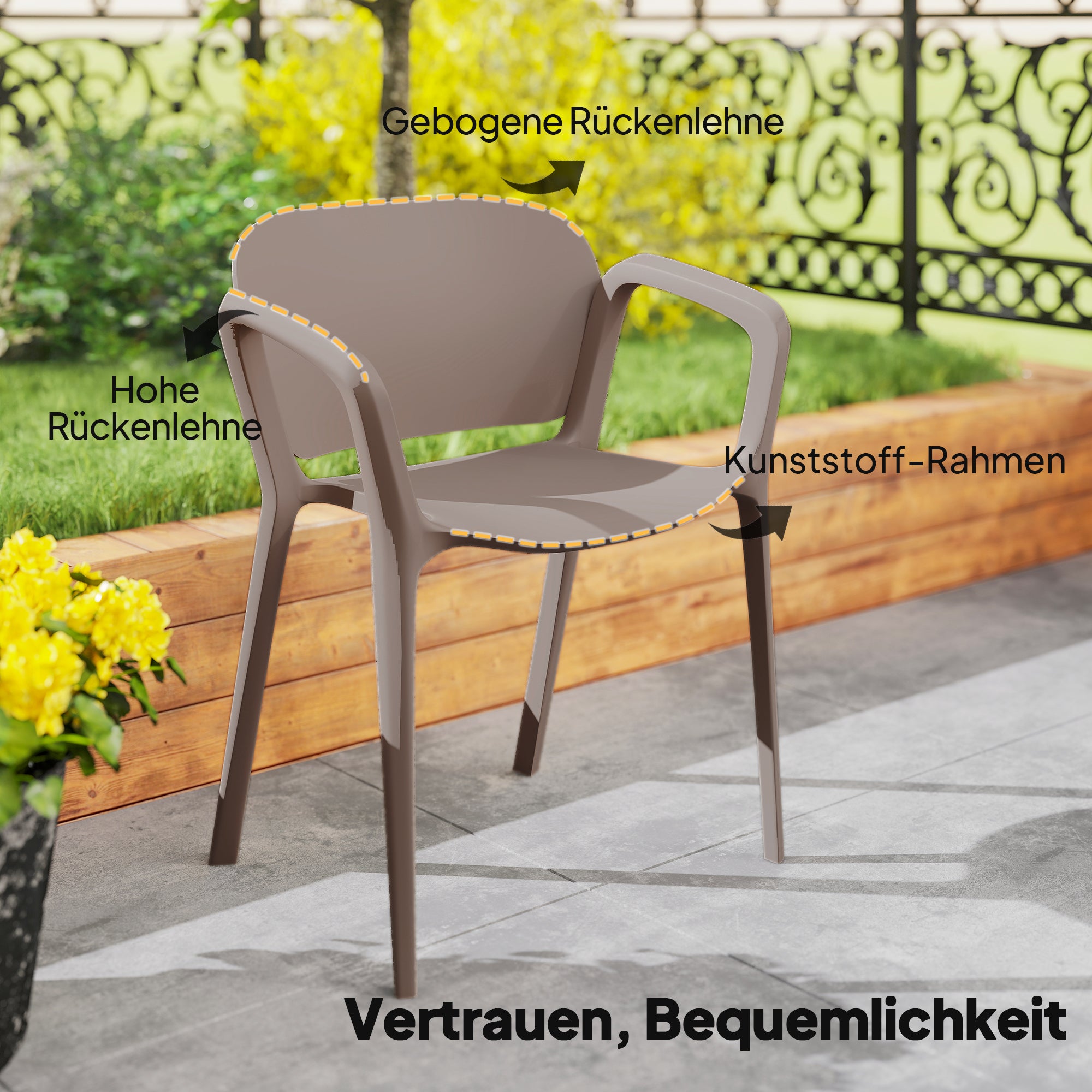 Garden Chair 4-Pack Weatherproof Plastic Garden Chairs with Armrests Backrest Stackable Patio Chair Supports up to 120 kg Outdoor Furniture for backyard, garden, balcony Grey