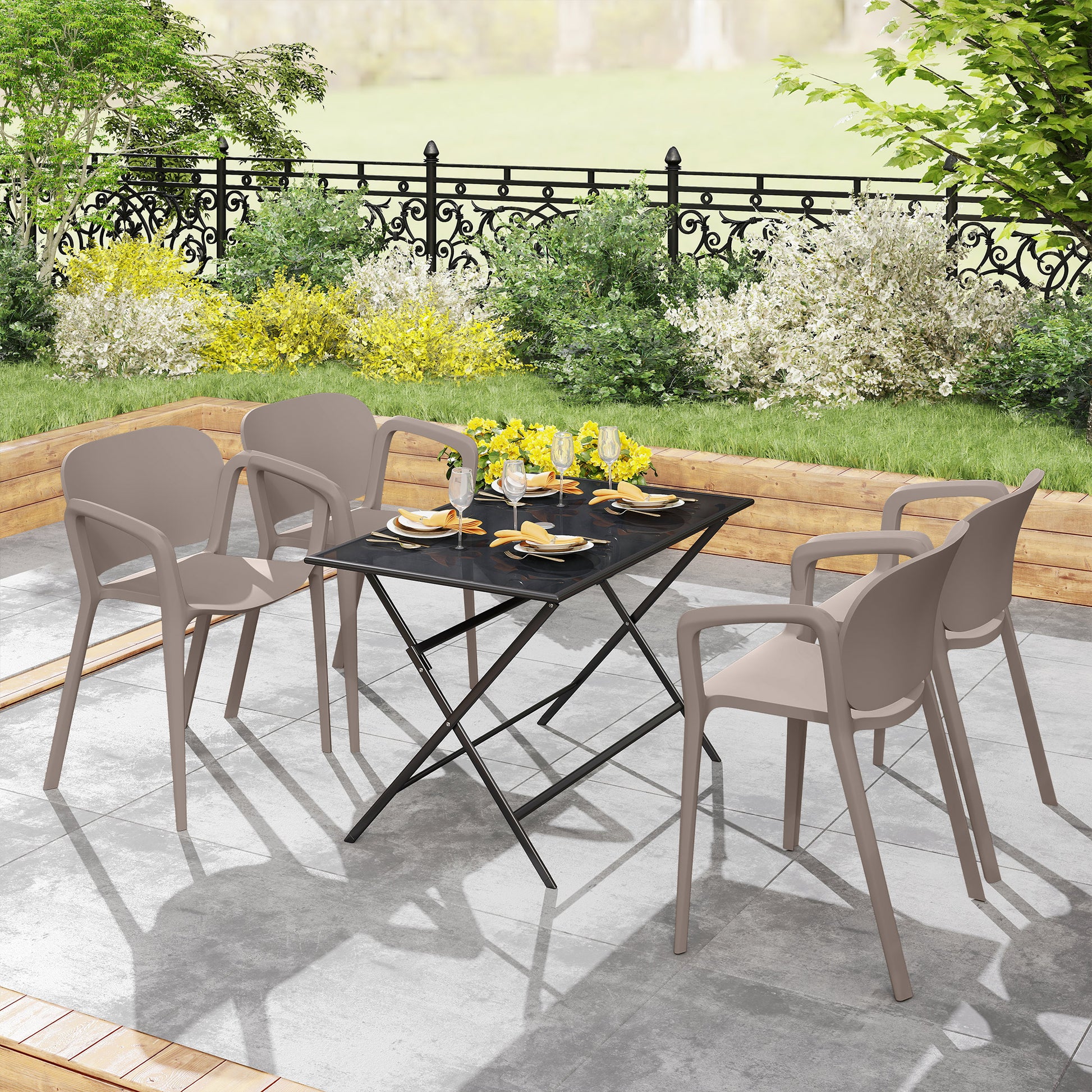 Garden Chair 4-Pack Weatherproof Plastic Garden Chairs with Armrests Backrest Stackable Patio Chair Supports up to 120 kg Outdoor Furniture for backyard, garden, balcony Grey