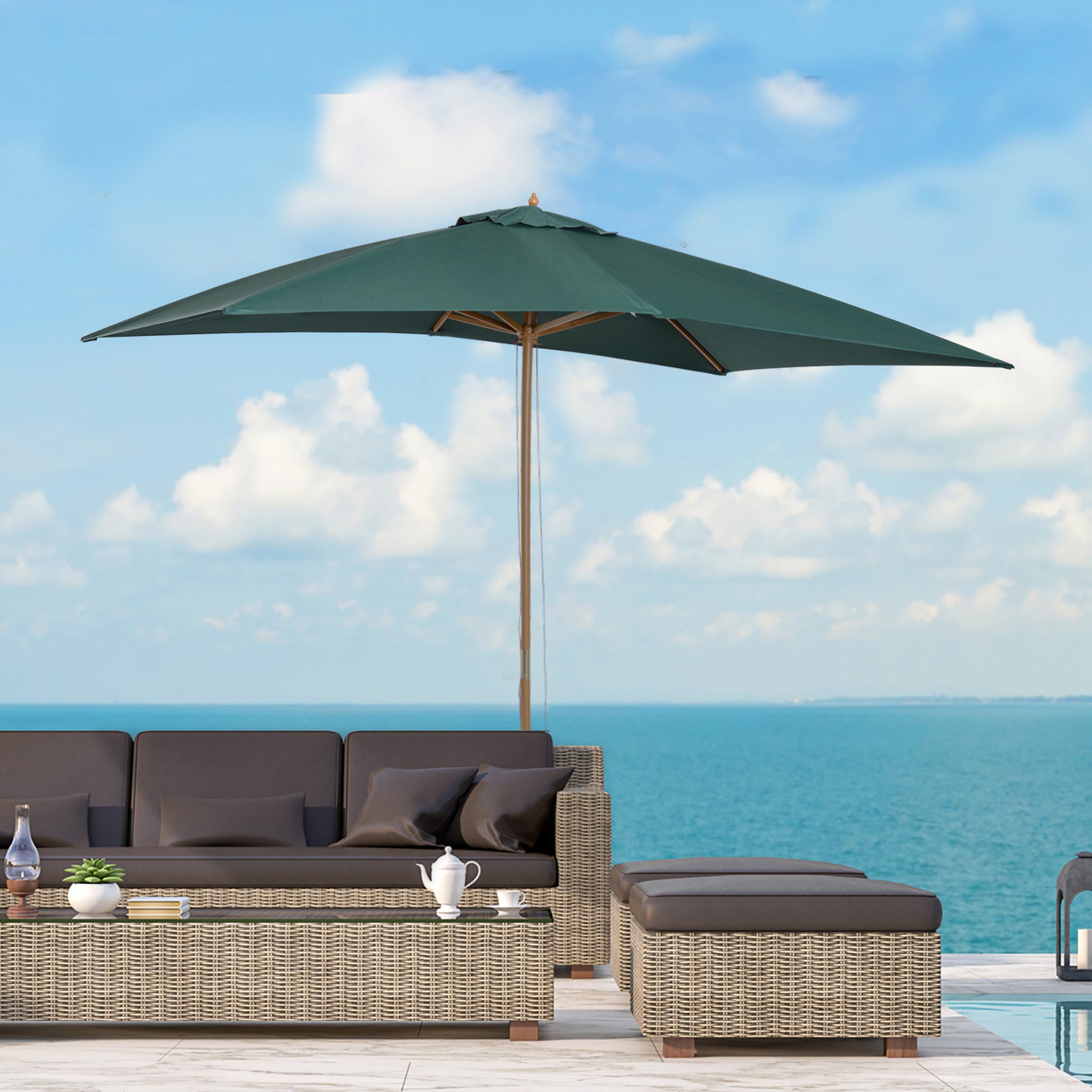 Garden Umbrella 2x3m with Rope and Air Vents, Outdoor Umbrella with 6 Wooden, Bamboo and 180g/㎡ Polyester Ribs, for Courtyard, Terrace and Balcony, Dark Green