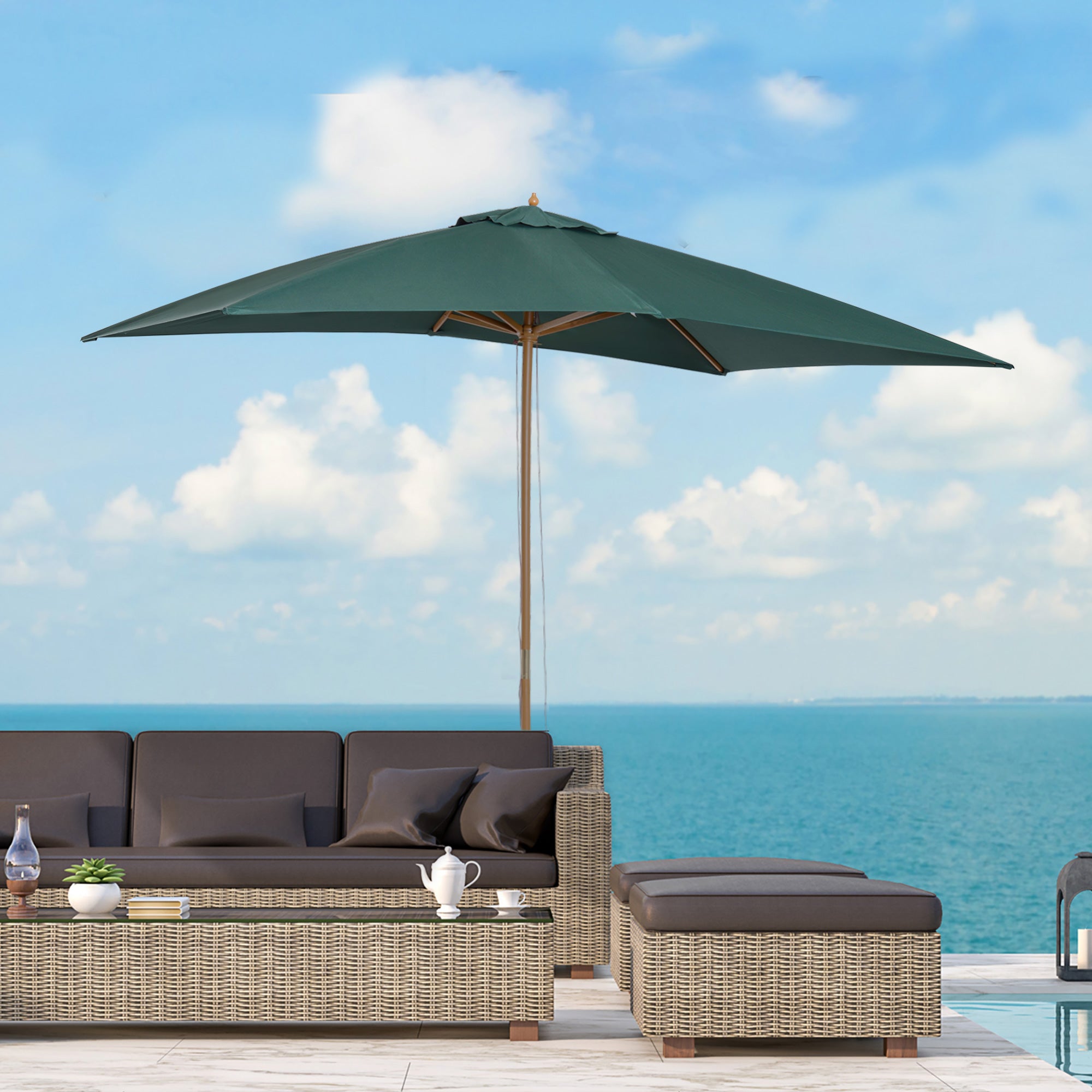 Garden Umbrella 2x3m with Rope and Air Vents, Outdoor Umbrella with 6 Wooden, Bamboo and 180g/㎡ Polyester Ribs, for Courtyard, Terrace and Balcony, Dark Green