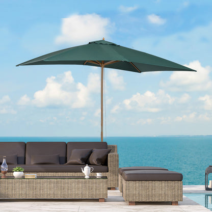 Garden Umbrella 2x3m with Rope and Air Vents, Outdoor Umbrella with 6 Wooden, Bamboo and 180g/㎡ Polyester Ribs, for Courtyard, Terrace and Balcony, Dark Green