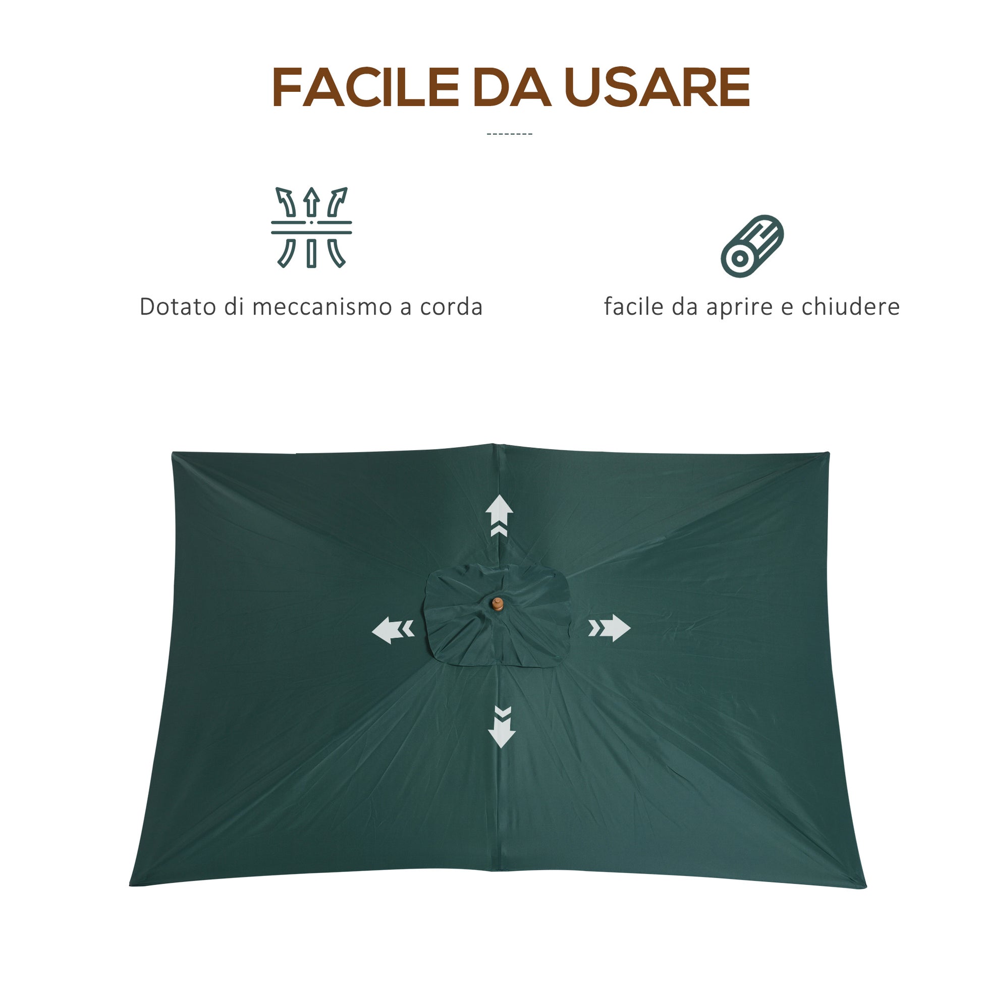Garden Umbrella 2x3m with Rope and Air Vents, Outdoor Umbrella with 6 Wooden, Bamboo and 180g/㎡ Polyester Ribs, for Courtyard, Terrace and Balcony, Dark Green