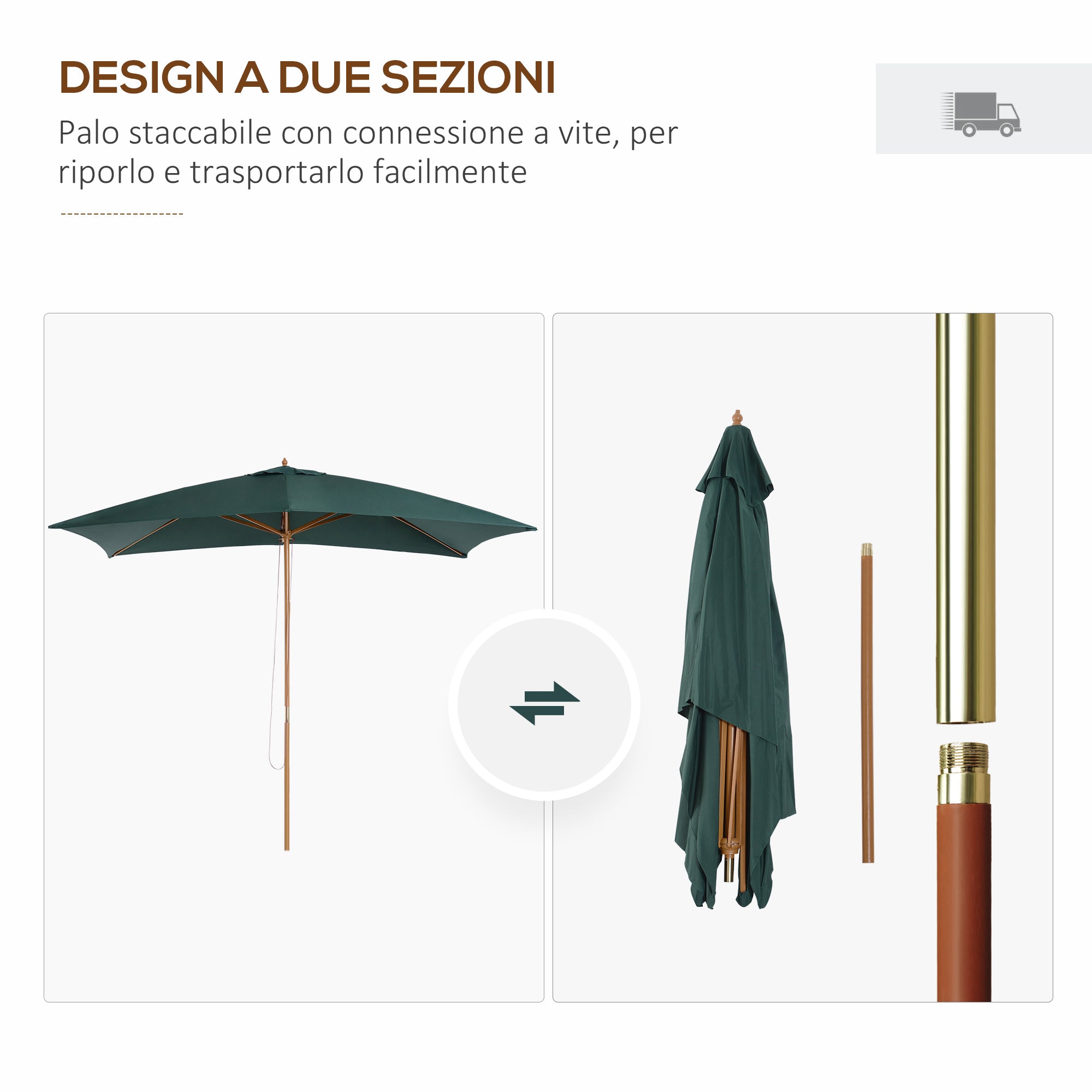 Garden Umbrella 2x3m with Rope and Air Vents, Outdoor Umbrella with 6 Wooden, Bamboo and 180g/㎡ Polyester Ribs, for Courtyard, Terrace and Balcony, Dark Green