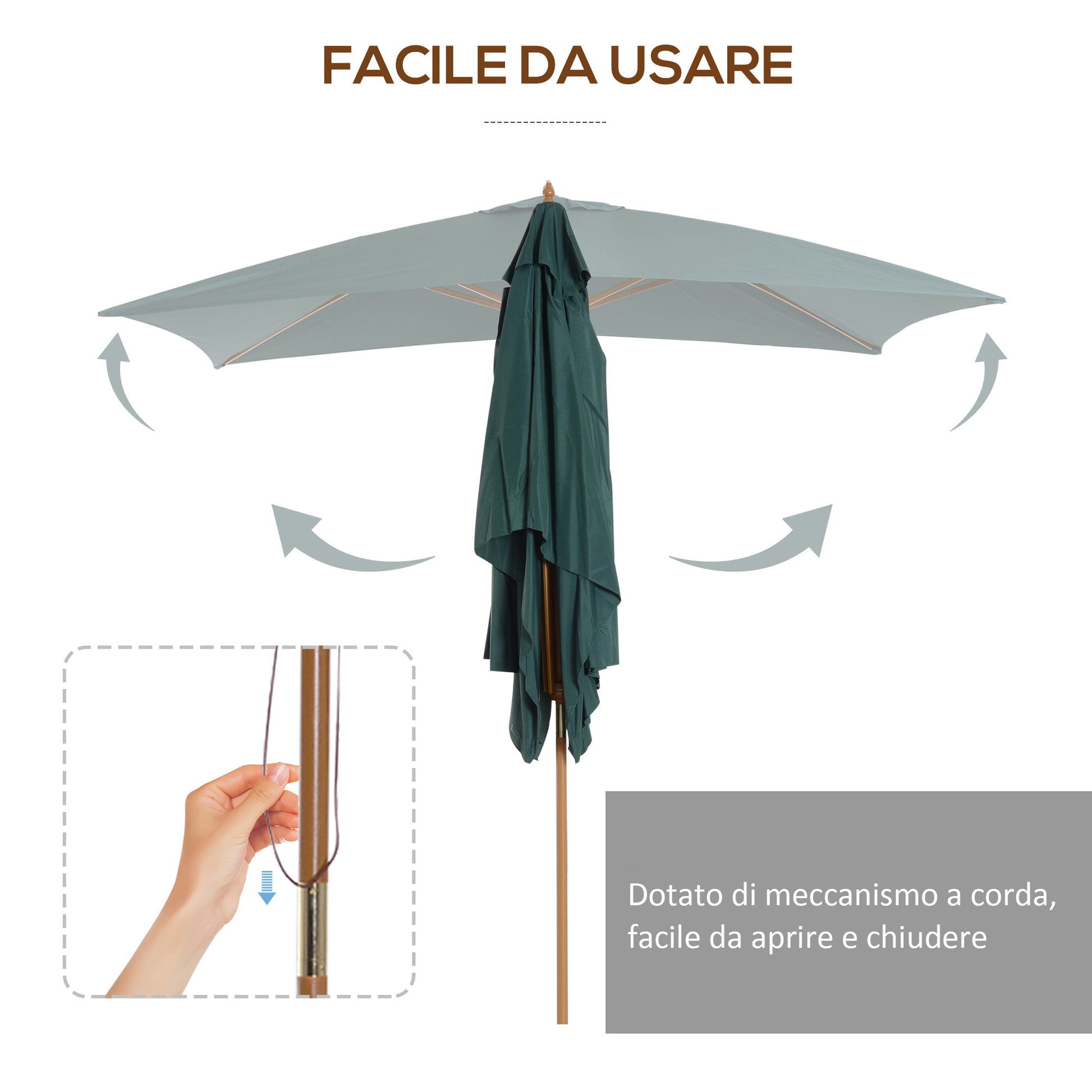 Garden Umbrella 2x3m with Rope and Air Vents, Outdoor Umbrella with 6 Wooden, Bamboo and 180g/㎡ Polyester Ribs, for Courtyard, Terrace and Balcony, Dark Green