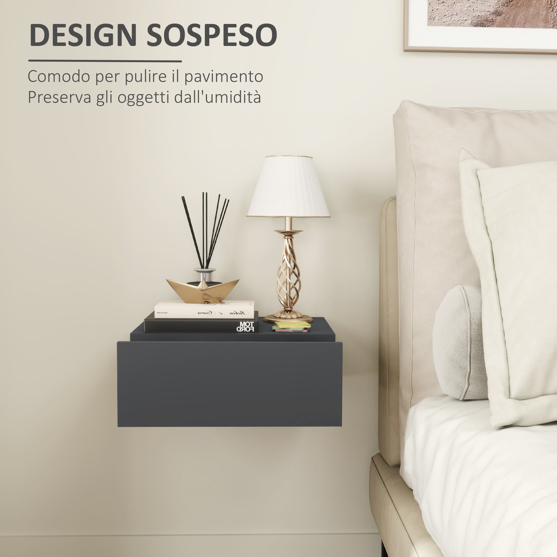 Suspended Bedside Table with Drawer, Bedroom Bedside Table in Particle Board, Modern Style, 40x30x15 cm, Black