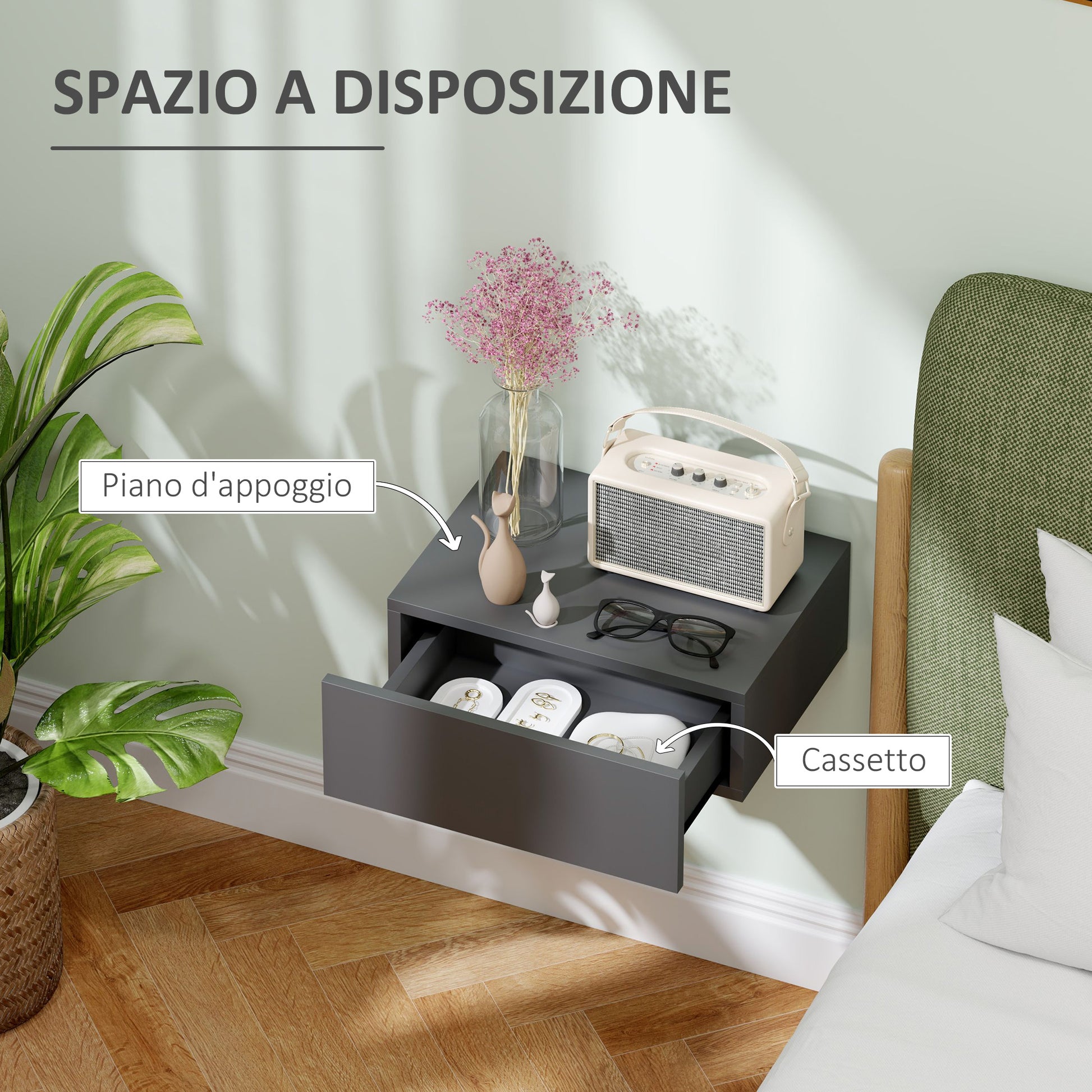 Suspended Bedside Table with Drawer, Bedroom Bedside Table in Particle Board, Modern Style, 40x30x15 cm, Black