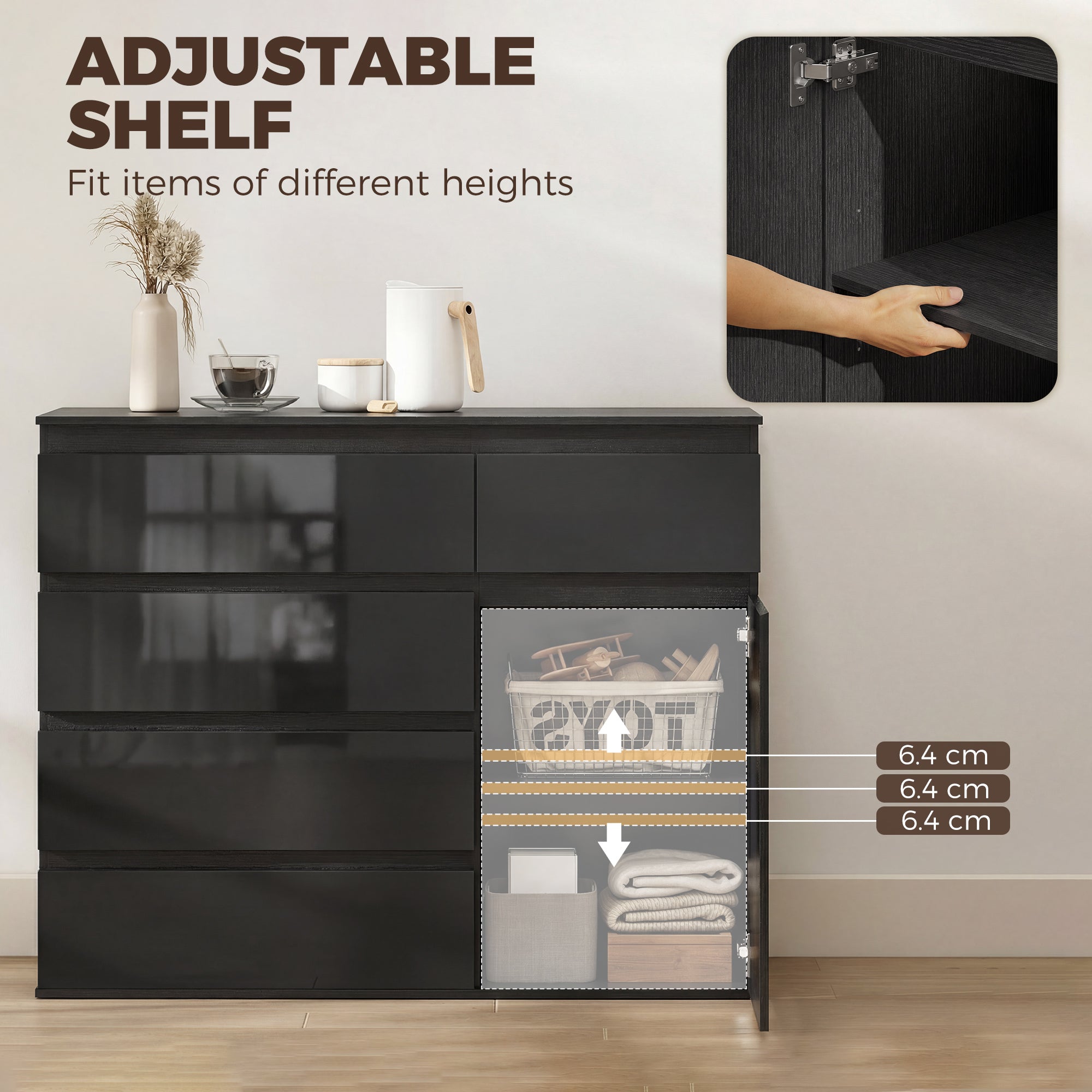 Sideboard — 5-Drawer Dresser with Adjustable Shelf & Soft-Close Door, Kitchen Cabinet for Living Room/Kitchen/Dining, High-Gloss Black, 39.4 x 15.7 x 31.5 in (100 x 40 x 80 cm)