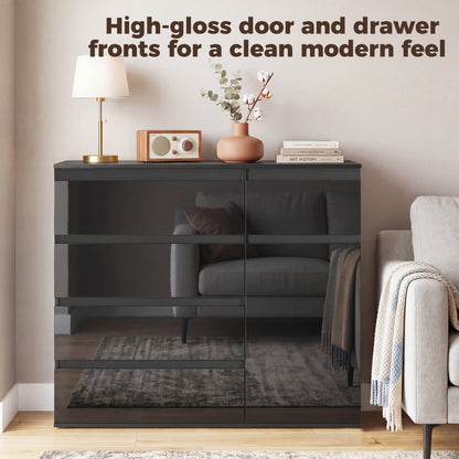 Sideboard — 5-Drawer Dresser with Adjustable Shelf & Soft-Close Door, Kitchen Cabinet for Living Room/Kitchen/Dining, High-Gloss Black, 39.4 x 15.7 x 31.5 in (100 x 40 x 80 cm)