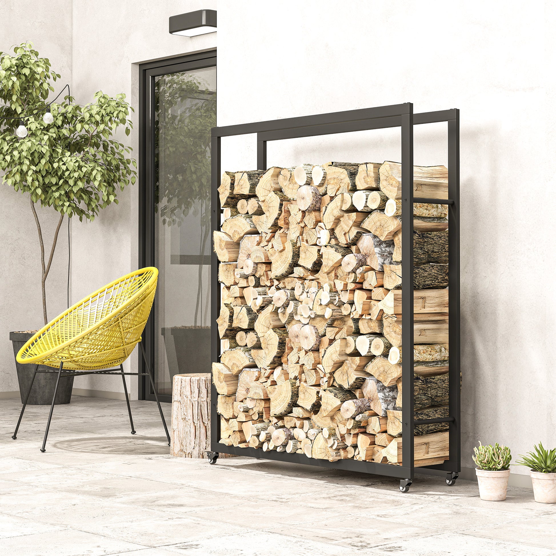 Firewood Rack 120 x 32 x 151 cm Log Rack with Wheels, Firewood Storage for Indoor, Outdoor, Metal, Black