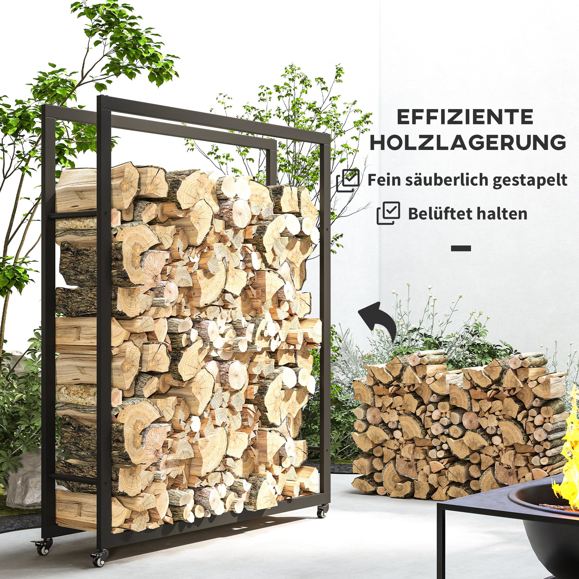 Firewood Rack 120 x 32 x 151 cm Log Rack with Wheels, Firewood Storage for Indoor, Outdoor, Metal, Black
