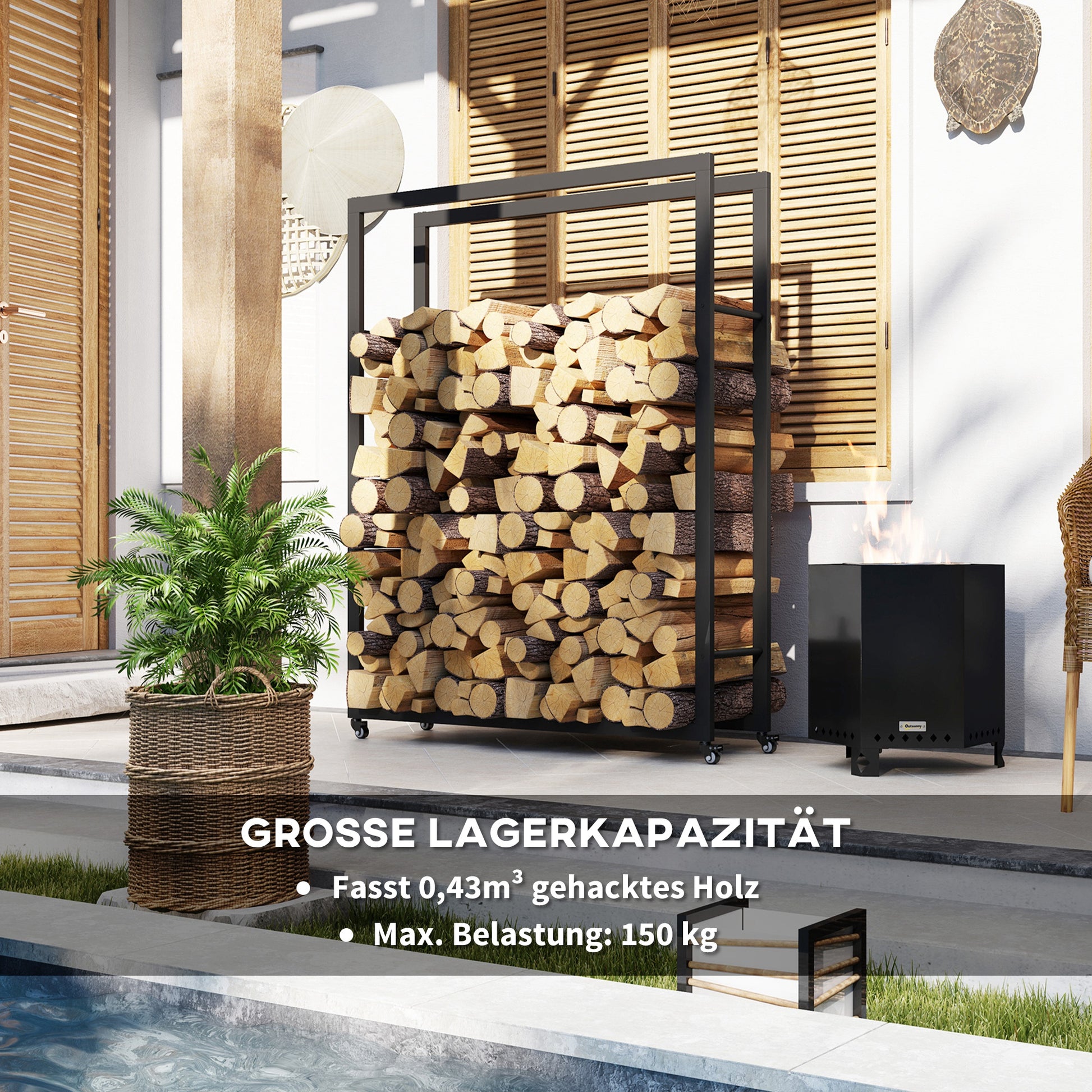 Firewood Rack 120 x 32 x 151 cm Log Rack with Wheels, Firewood Storage for Indoor, Outdoor, Metal, Black