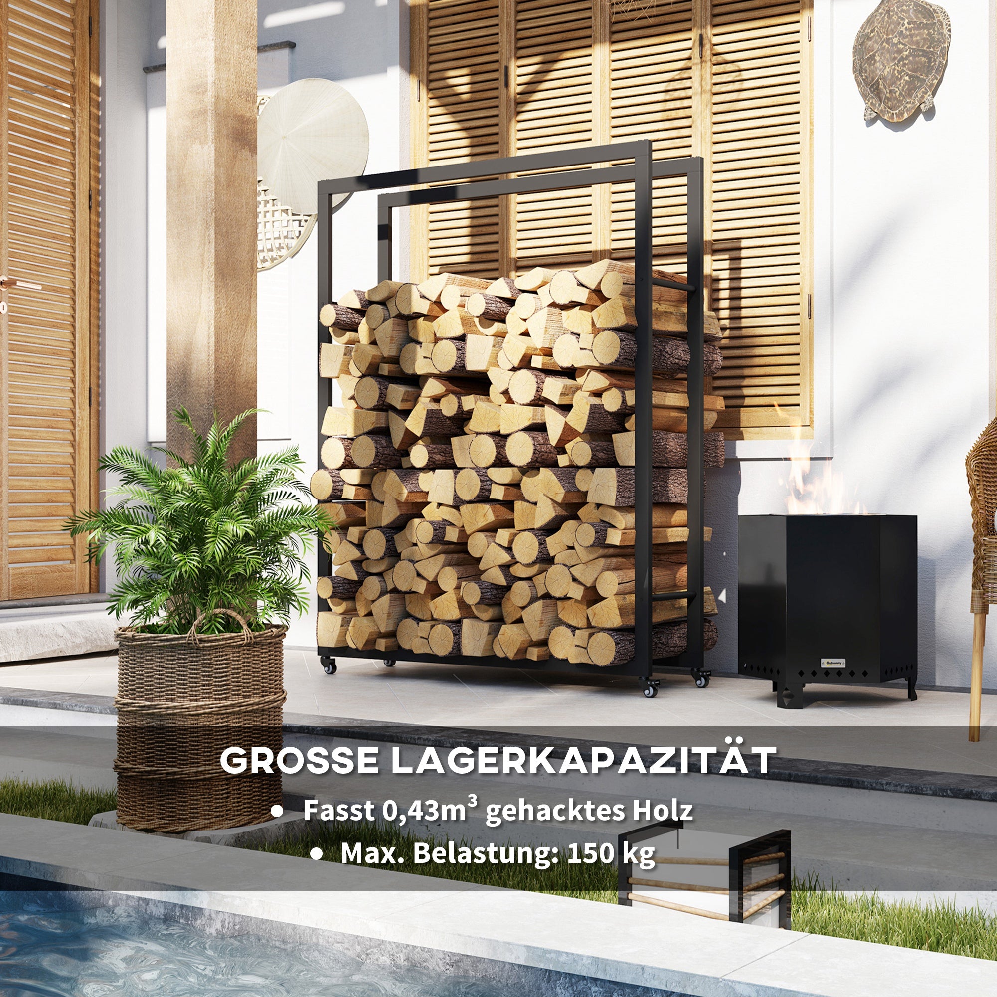 Firewood Rack 120 x 32 x 151 cm Log Rack with Wheels, Firewood Storage for Indoor, Outdoor, Metal, Black