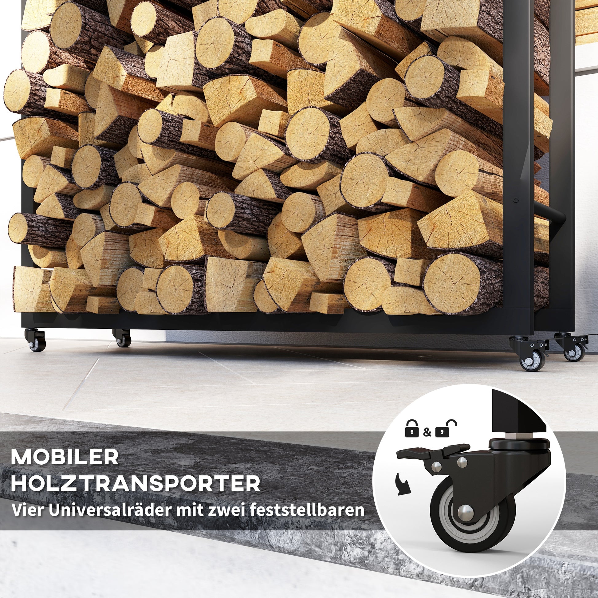 Firewood Rack 120 x 32 x 151 cm Log Rack with Wheels, Firewood Storage for Indoor, Outdoor, Metal, Black