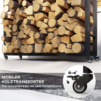 Firewood Rack 120 x 32 x 151 cm Log Rack with Wheels, Firewood Storage for Indoor, Outdoor, Metal, Black