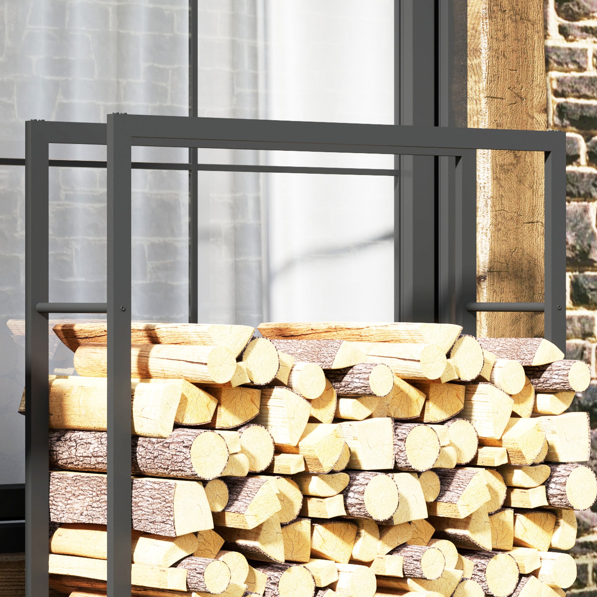 Firewood Rack 120 x 32 x 151 cm Log Rack with Wheels, Firewood Storage for Indoor, Outdoor, Metal, Black