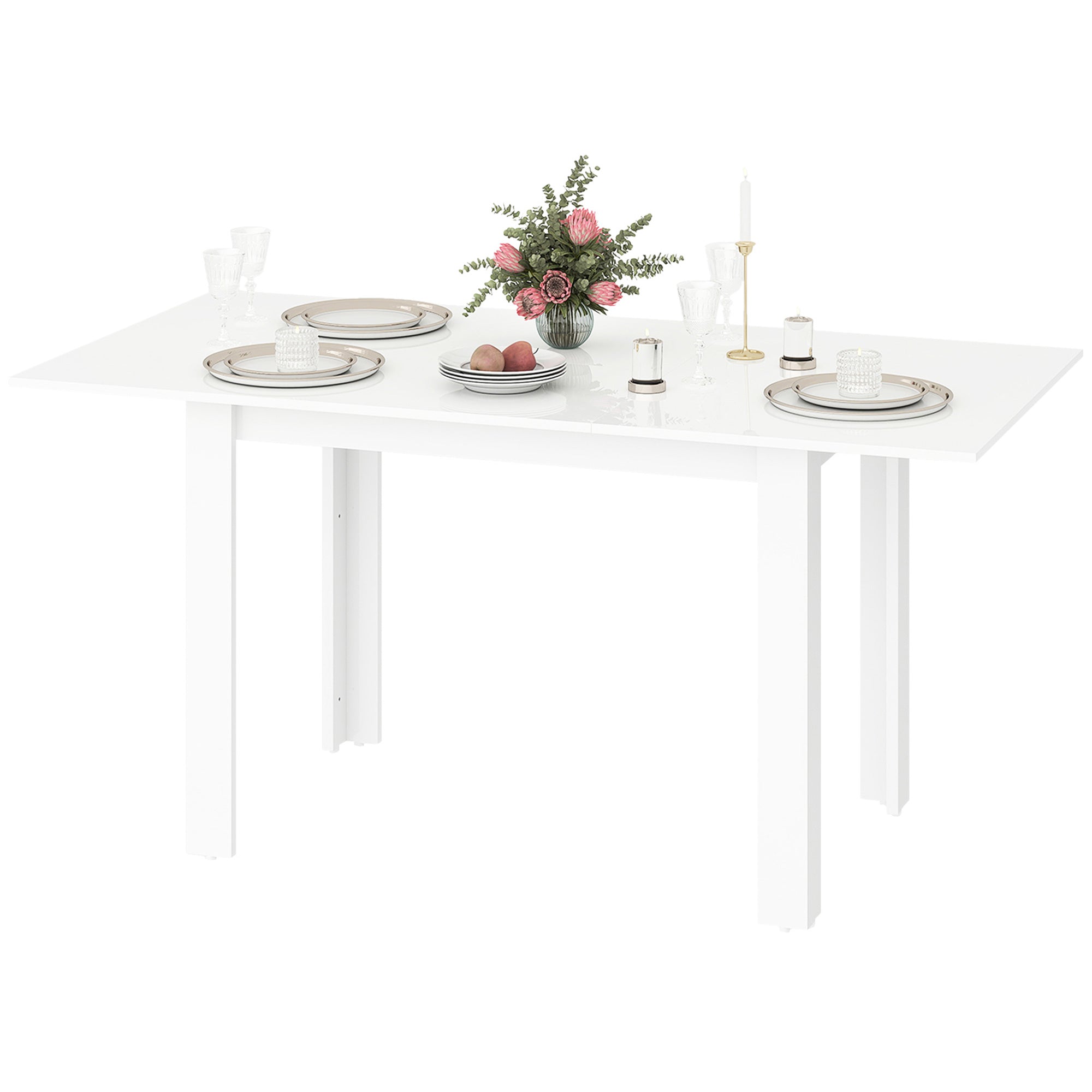 Extendable Dining Table for 4-6 People with Flip Panels, Extendable Kitchen Table in MDF, for Dining Room, Living Room, 120-160x80x78 cm, Glossy White