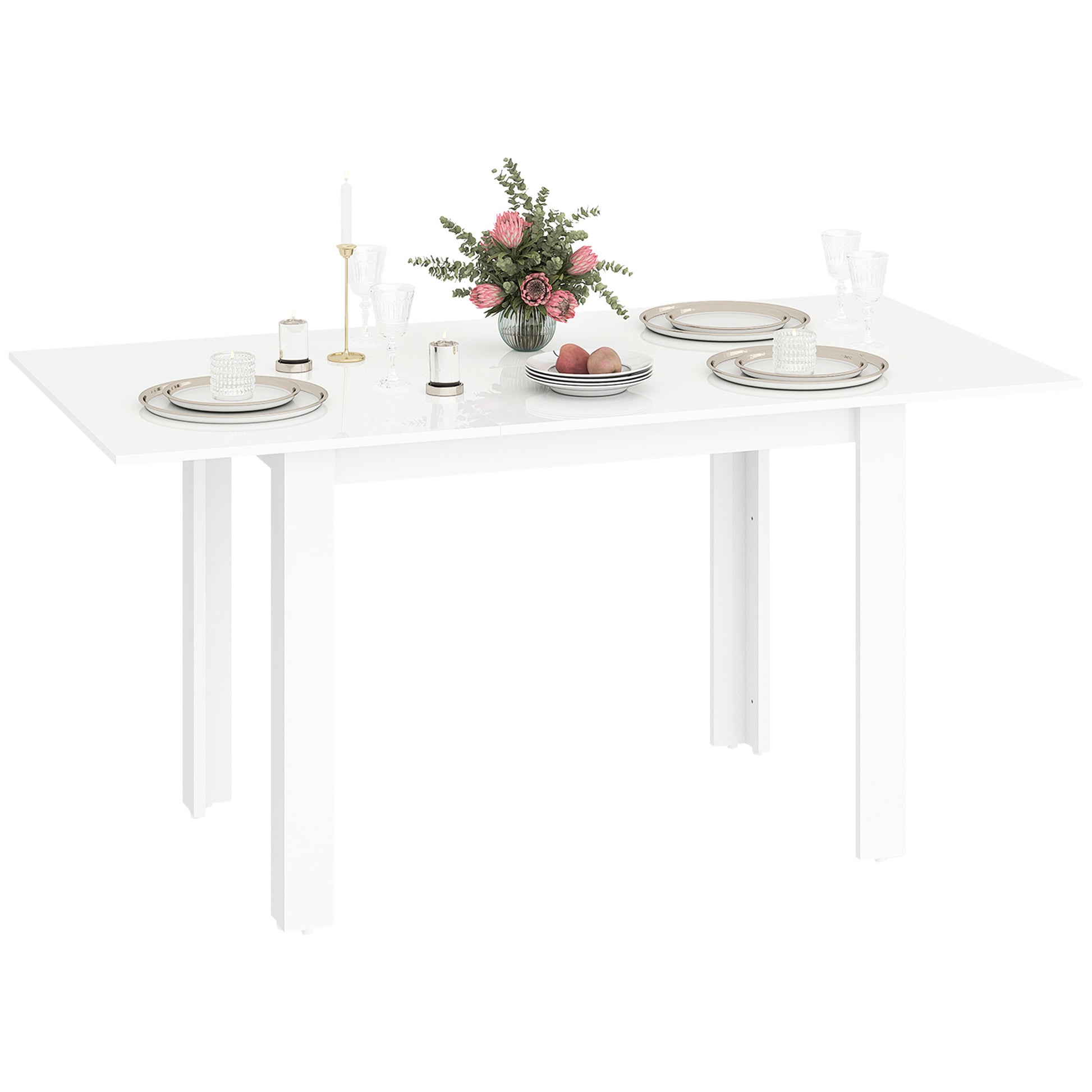 Extendable Dining Table for 4-6 People with Flip Panels, Extendable Kitchen Table in MDF, for Dining Room, Living Room, 120-160x80x78 cm, Glossy White