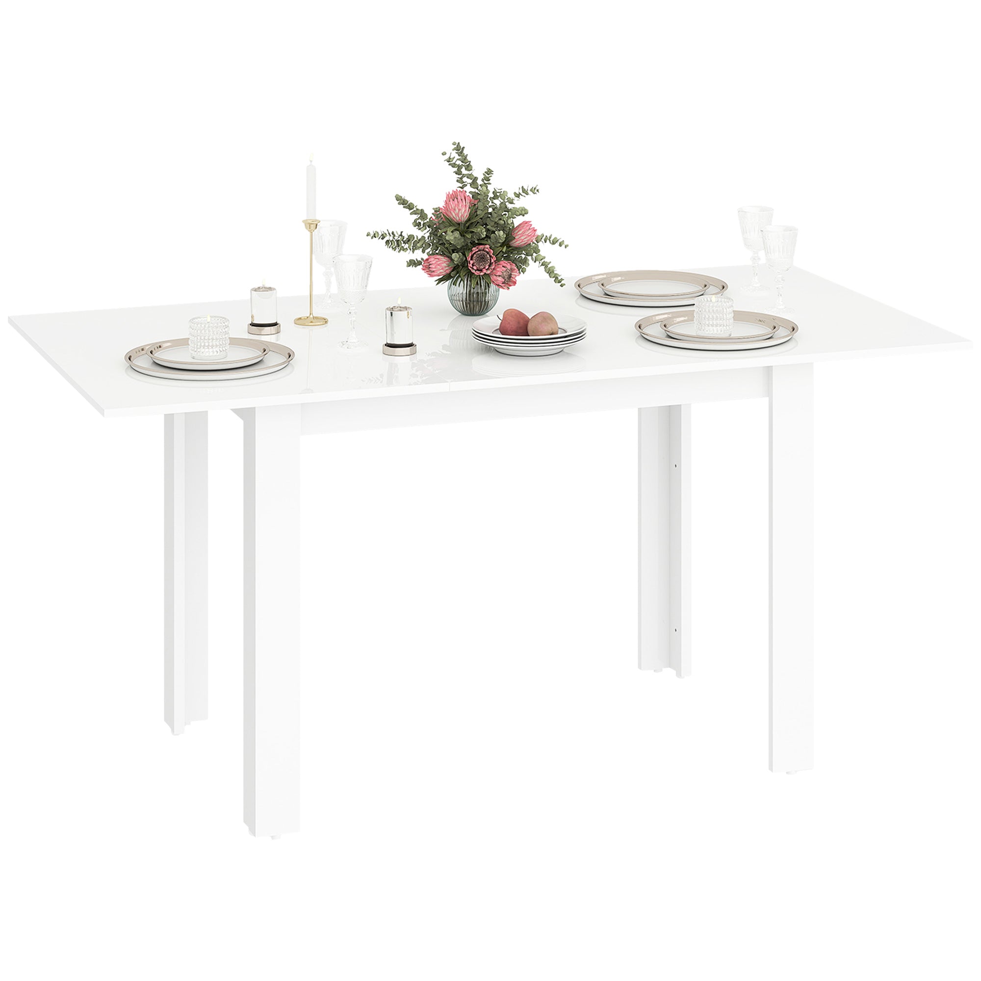 Extendable Dining Table for 4-6 People with Flip Panels, Extendable Kitchen Table in MDF, for Dining Room, Living Room, 120-160x80x78 cm, Glossy White