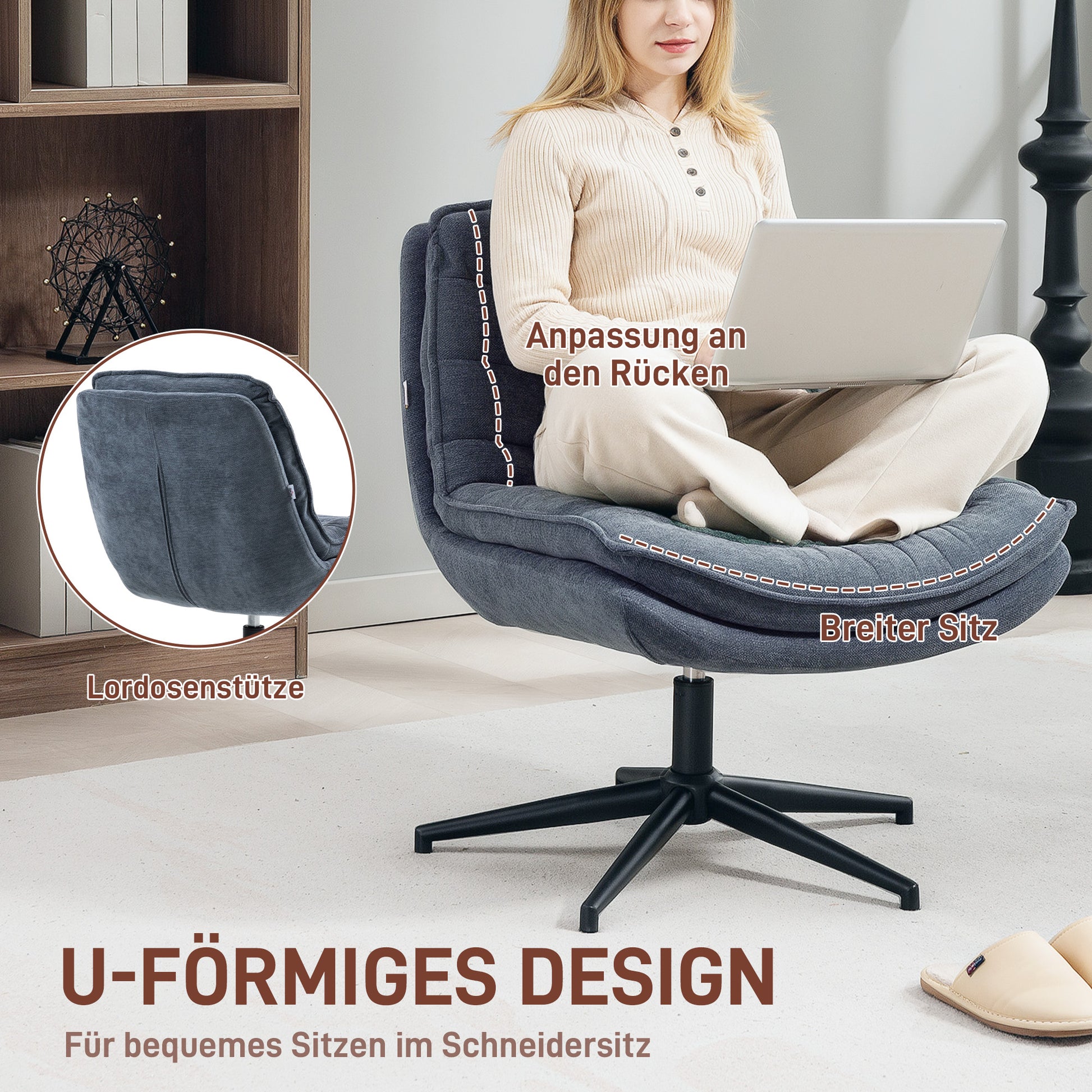 Office Chair Desk Chair without Armrests with Wide Seat, Height Adjustable Tailor Seat Chair Double-layered thick Swivel Chair with Linen Look, for Home Office, Dark Gray