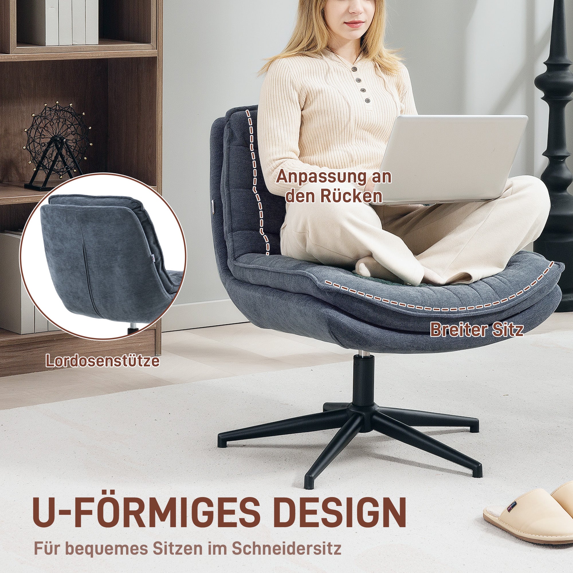 Office Chair Desk Chair without Armrests with Wide Seat, Height Adjustable Tailor Seat Chair Double-layered thick Swivel Chair with Linen Look, for Home Office, Dark Gray