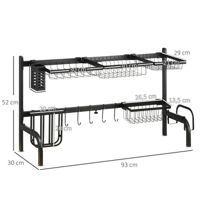 Dish Drying Rack, 2-Tier Dish Drying Rack Stand, 51-93 cm Dish Rack with Hooks, Drainer for Kitchen Sink, Steel, Black