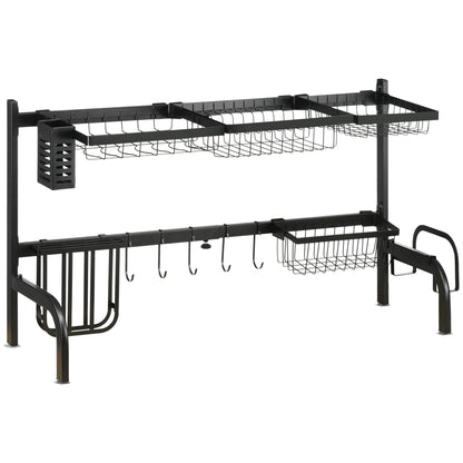 Dish Drying Rack, 2-Tier Dish Drying Rack Stand, 51-93 cm Dish Rack with Hooks, Drainer for Kitchen Sink, Steel, Black