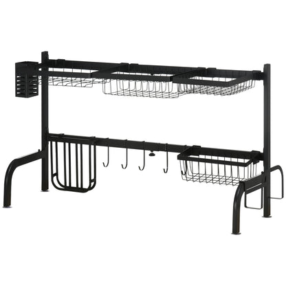 Dish Drying Rack, 2-Tier Dish Drying Rack Stand, 51-93 cm Dish Rack with Hooks, Drainer for Kitchen Sink, Steel, Black