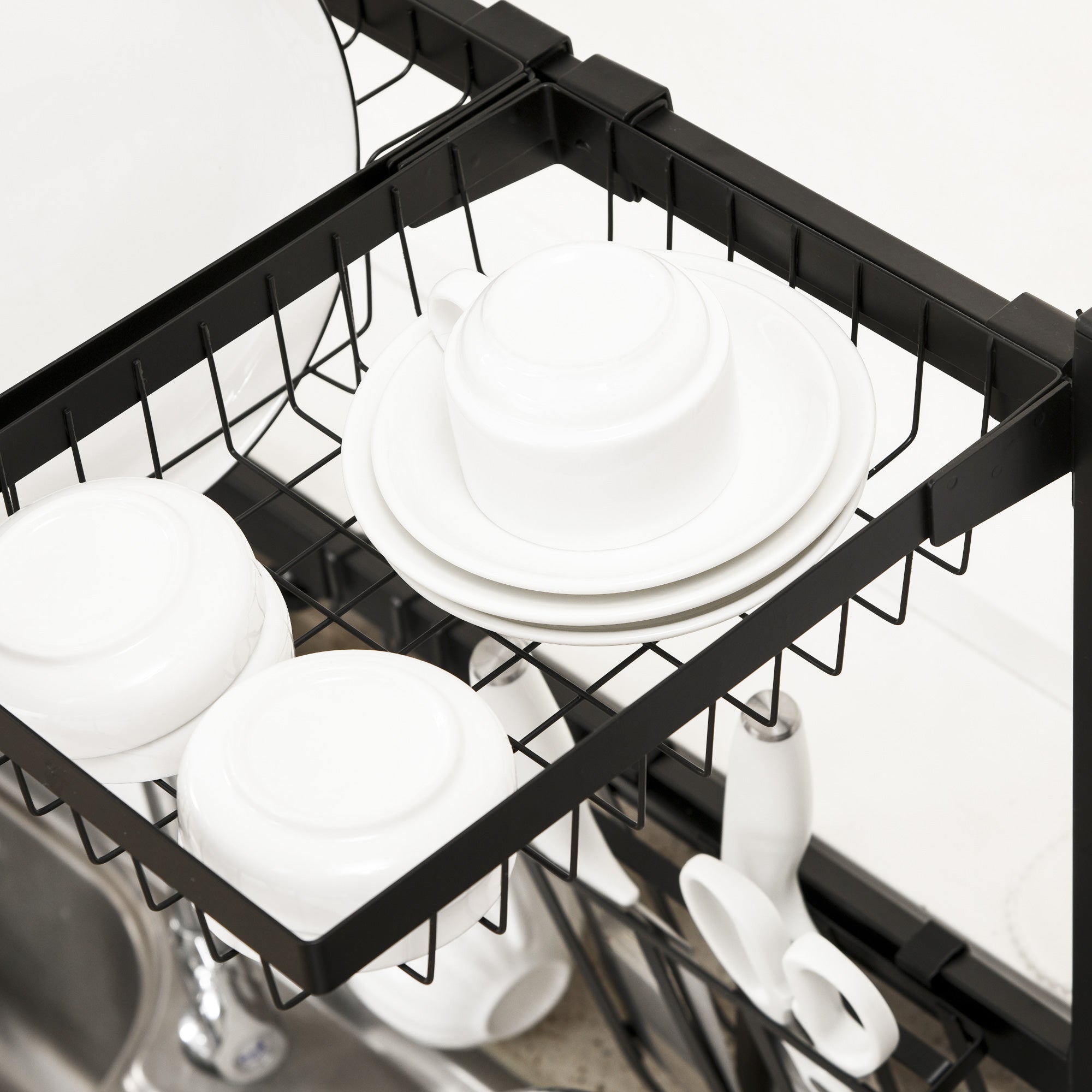 Dish Drying Rack, 2-Tier Dish Drying Rack Stand, 51-93 cm Dish Rack with Hooks, Drainer for Kitchen Sink, Steel, Black