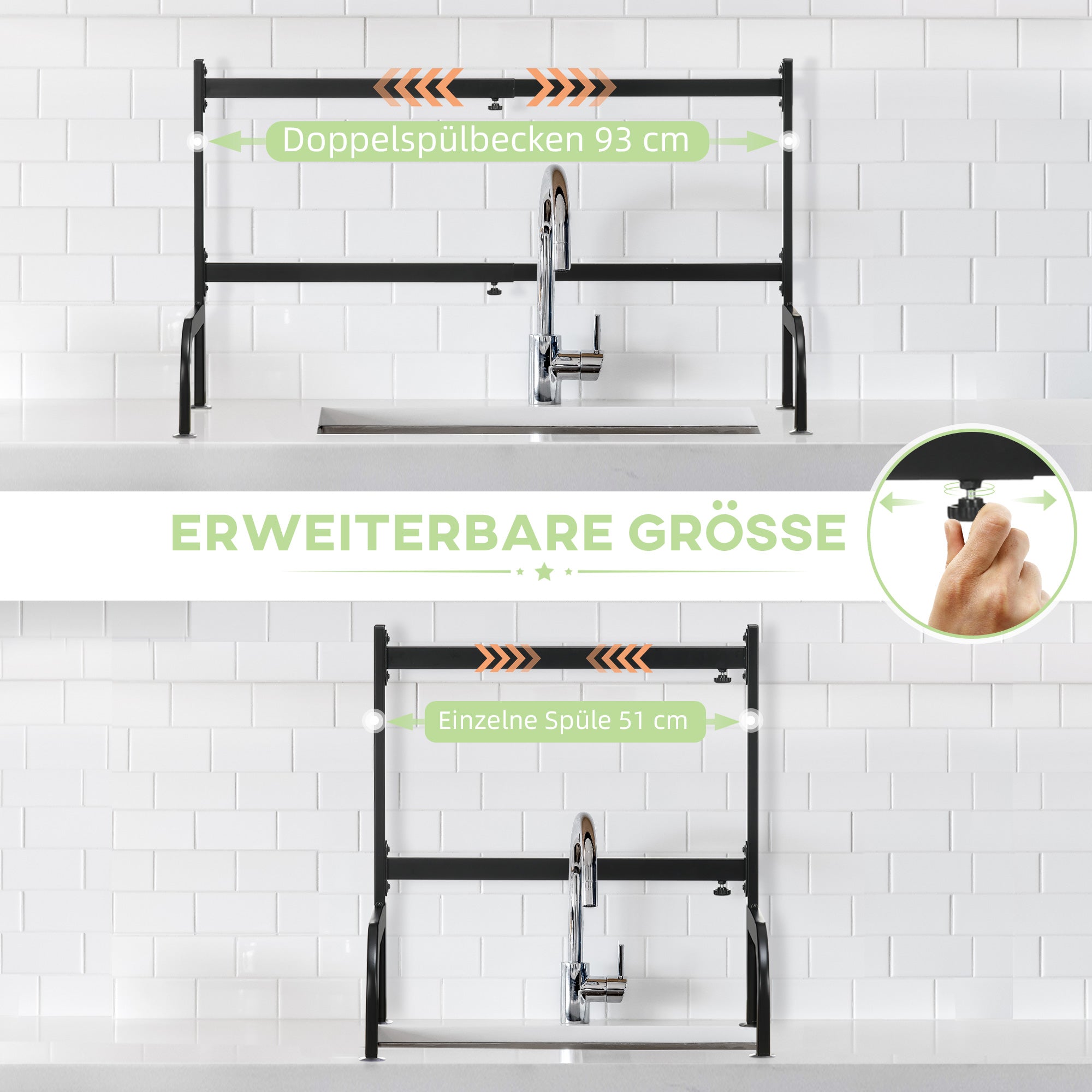 Dish Drying Rack, 2-Tier Dish Drying Rack Stand, 51-93 cm Dish Rack with Hooks, Drainer for Kitchen Sink, Steel, Black