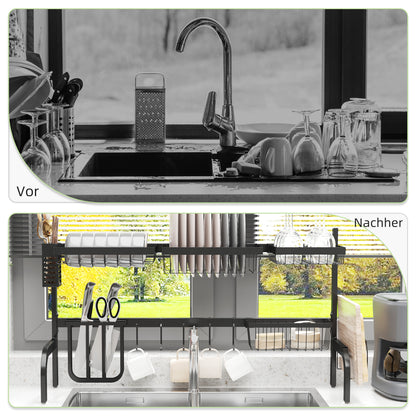 Dish Drying Rack, 2-Tier Dish Drying Rack Stand, 51-93 cm Dish Rack with Hooks, Drainer for Kitchen Sink, Steel, Black