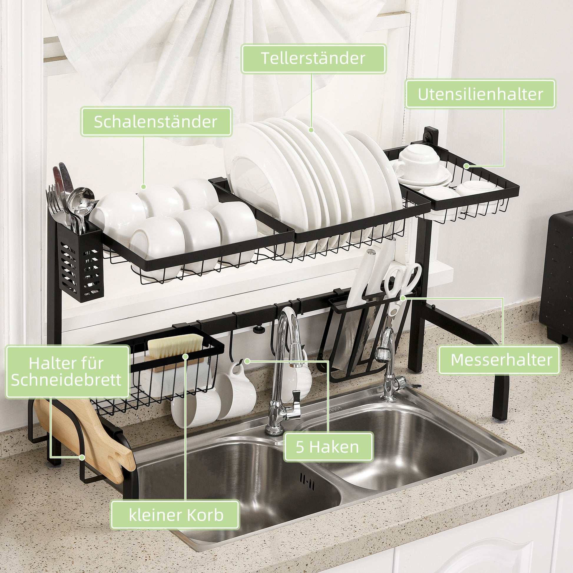 Dish Drying Rack, 2-Tier Dish Drying Rack Stand, 51-93 cm Dish Rack with Hooks, Drainer for Kitchen Sink, Steel, Black