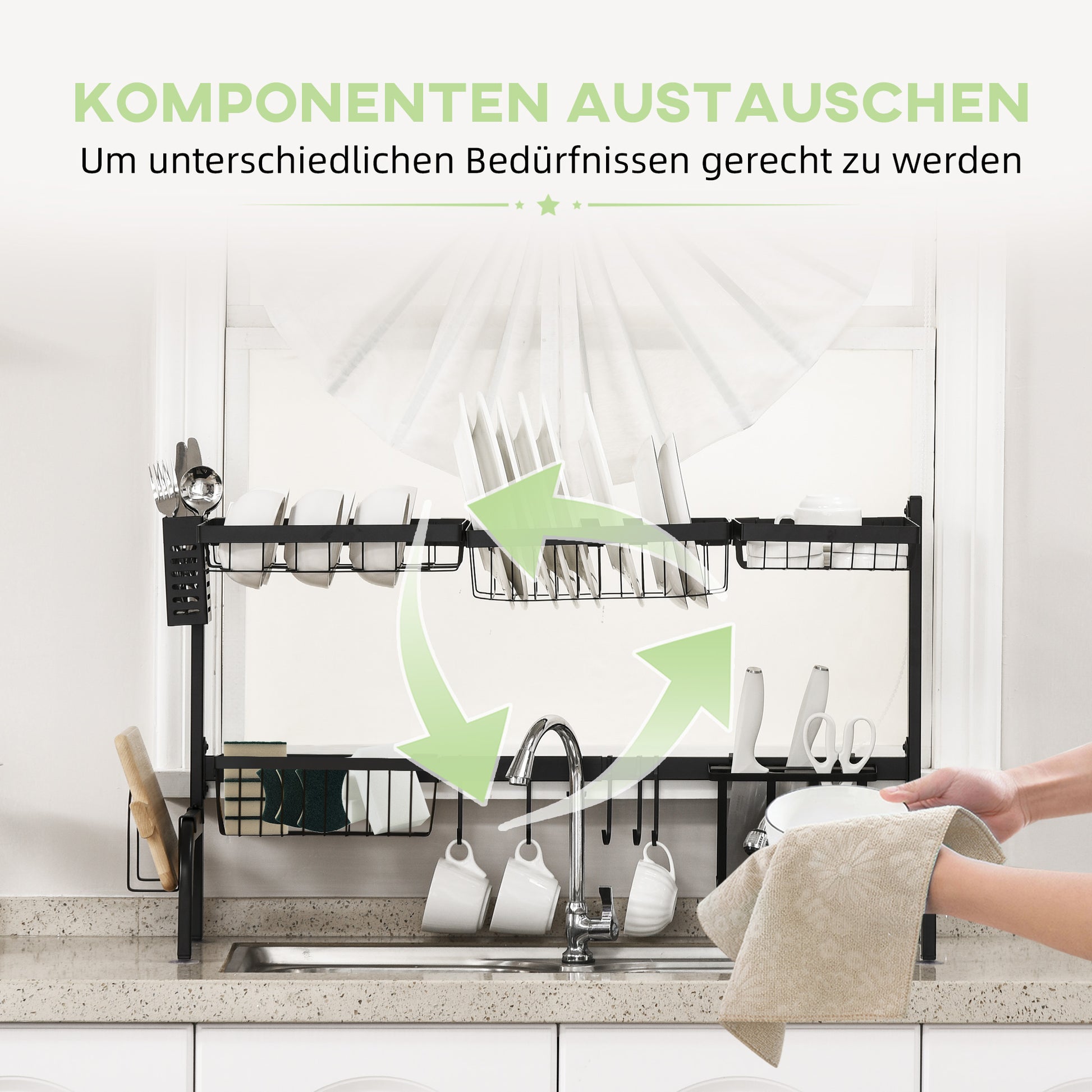 Dish Drying Rack, 2-Tier Dish Drying Rack Stand, 51-93 cm Dish Rack with Hooks, Drainer for Kitchen Sink, Steel, Black