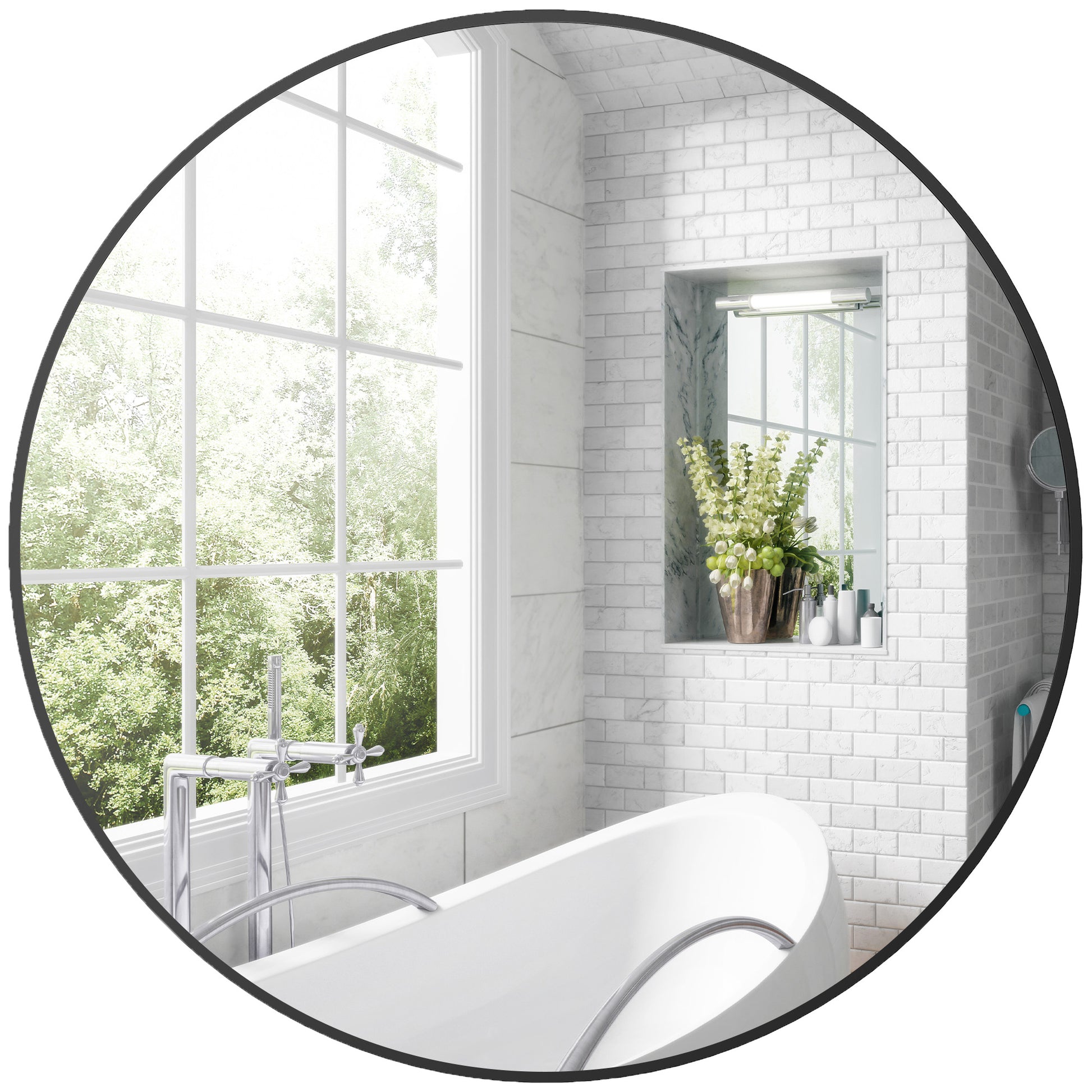 Round Mirror, bathroom mirror, diameter 70 cm, metal frame, wall mirror, easy to install, for bedroom, living room, entryway, black