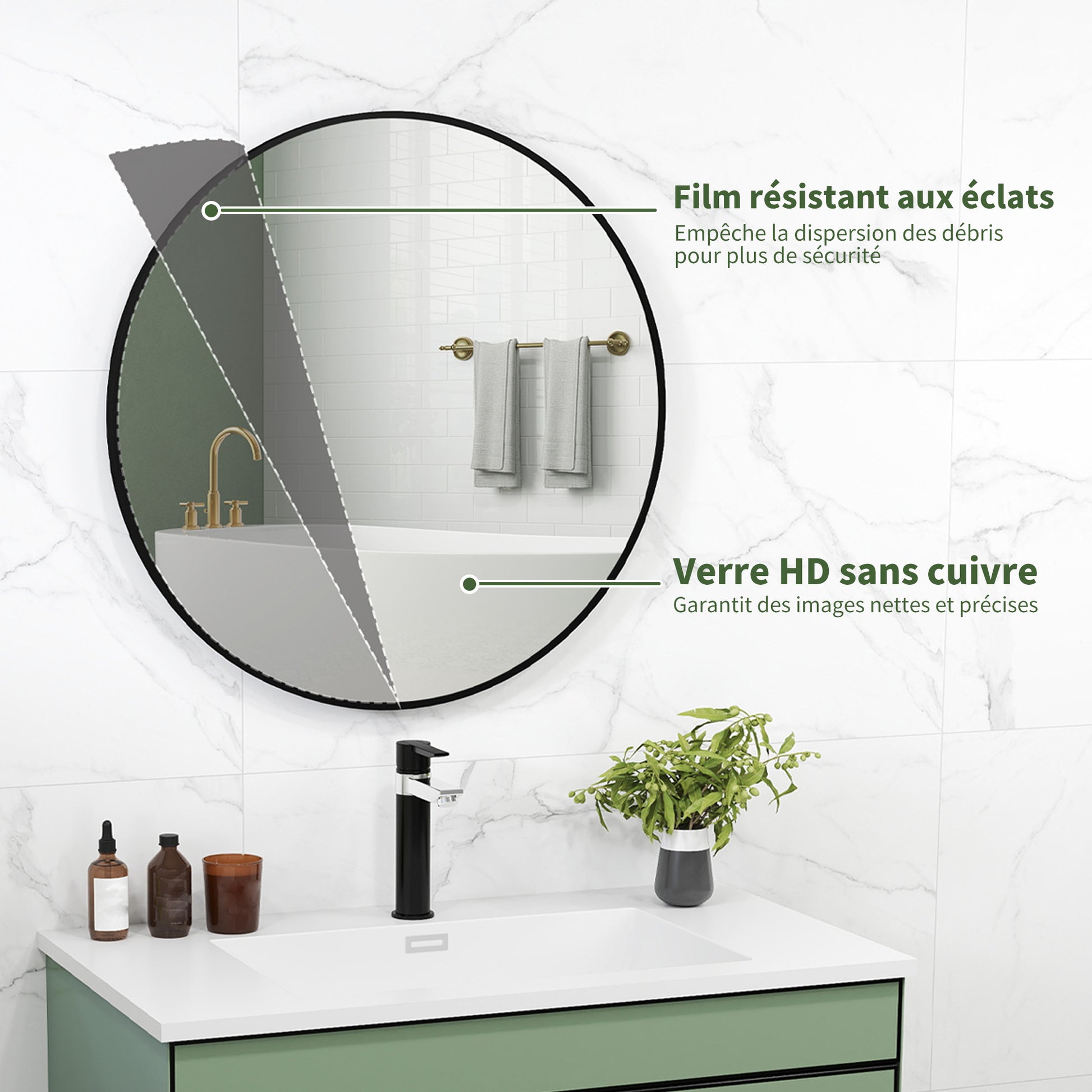 Round Mirror, bathroom mirror, diameter 70 cm, metal frame, wall mirror, easy to install, for bedroom, living room, entryway, black