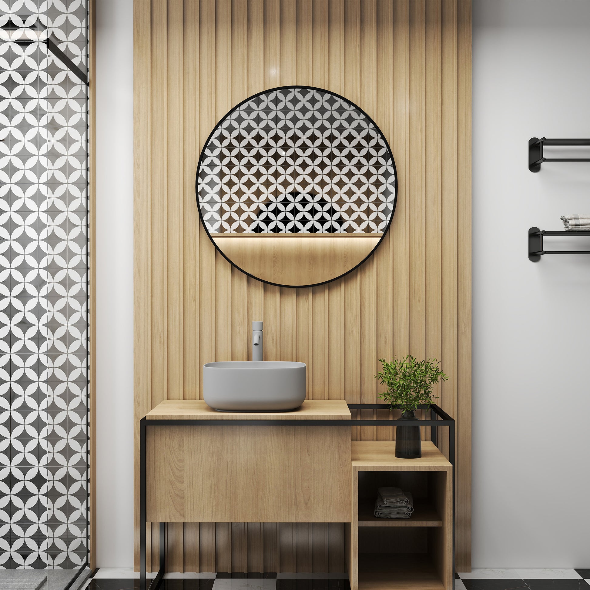 Round Mirror, bathroom mirror, diameter 70 cm, metal frame, wall mirror, easy to install, for bedroom, living room, entryway, black