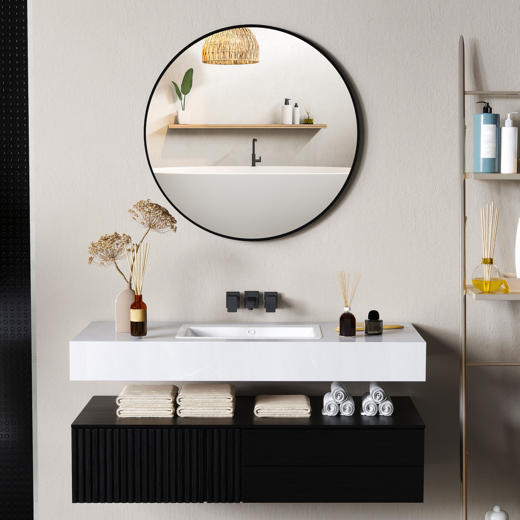 Round Mirror, bathroom mirror, diameter 70 cm, metal frame, wall mirror, easy to install, for bedroom, living room, entryway, black