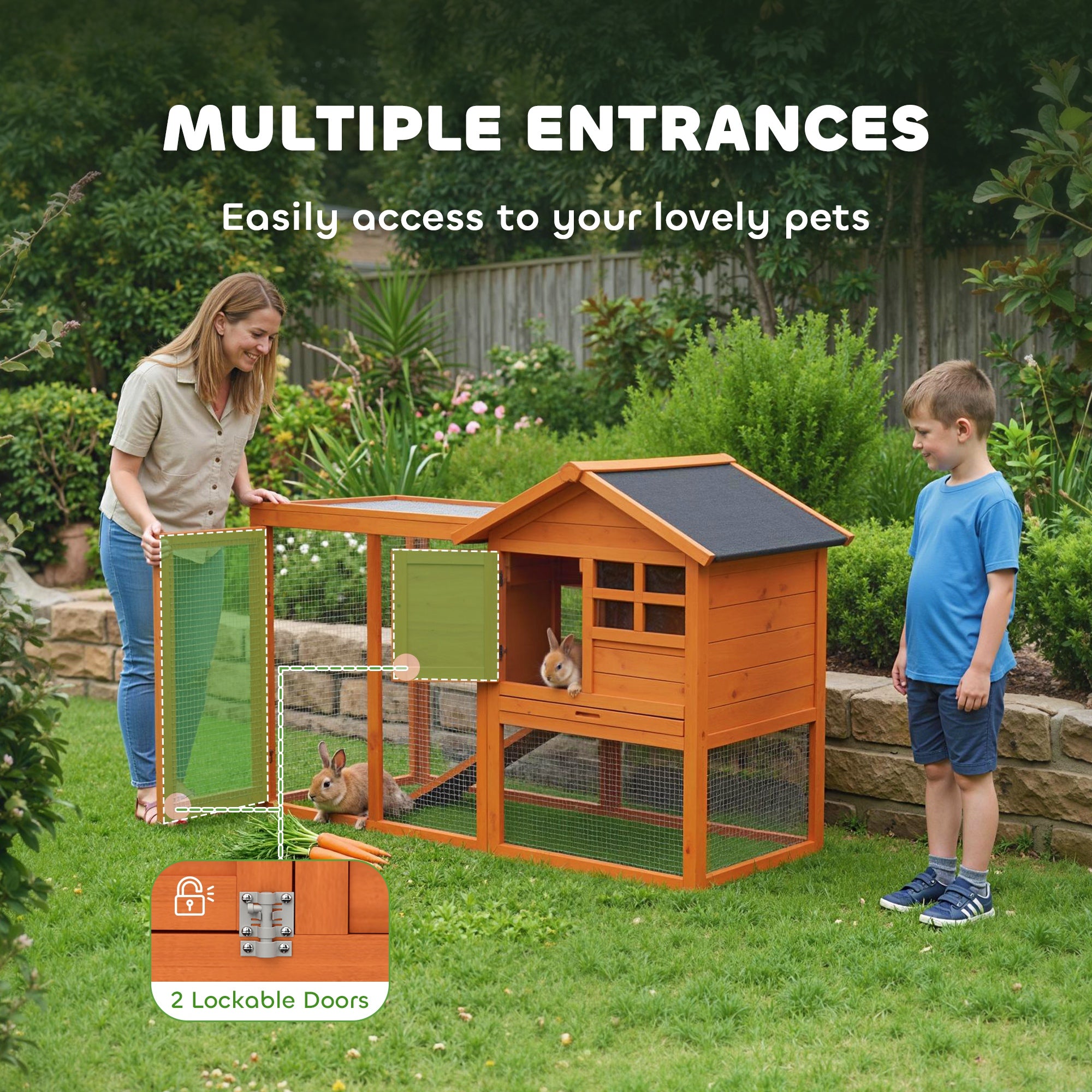 2-Story Wooden Rabbit Hutch, 48.6 x 24.6 x 36.4 in, Waterproof Bitumen Roof, Run with Ramp & Doors – Orange