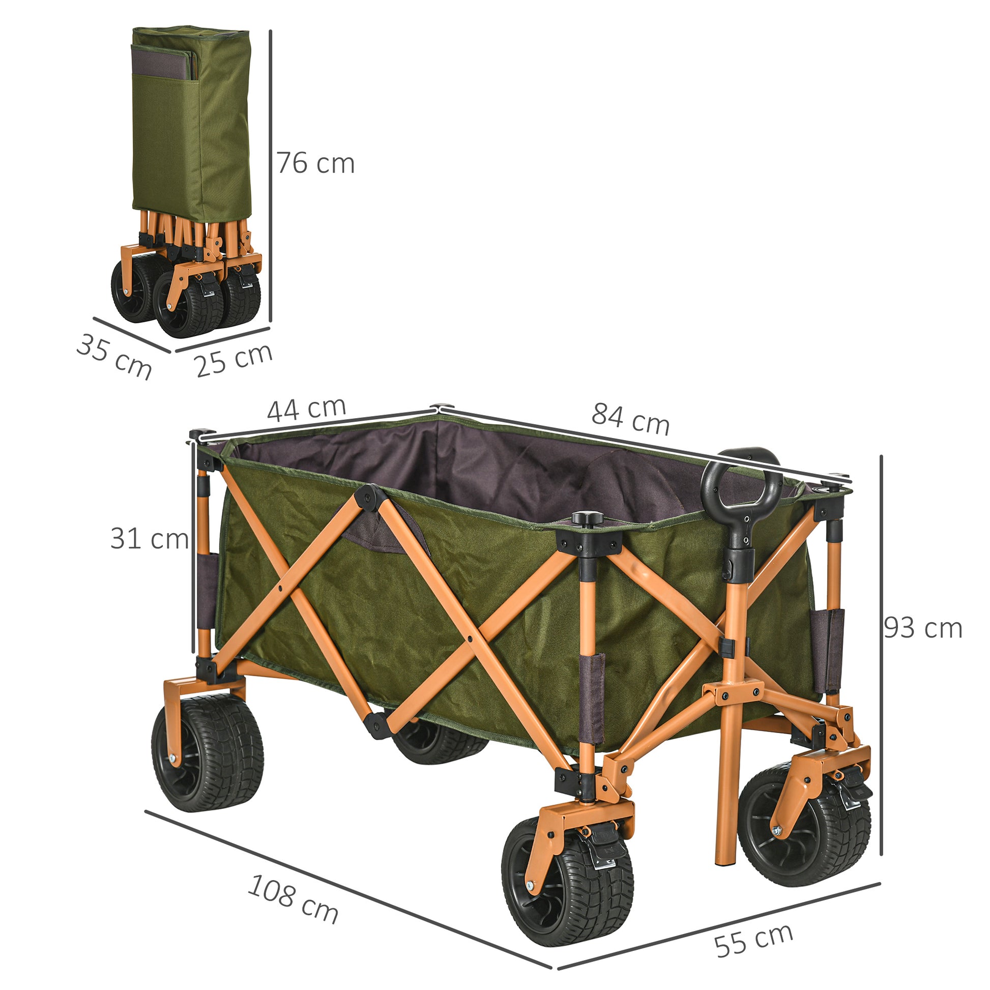 Folding Cart, Transport Cart with Adjustable Handle, Beach Cart, Garden Cart with Folding Table, Load Capacity up to 120 kg, Green