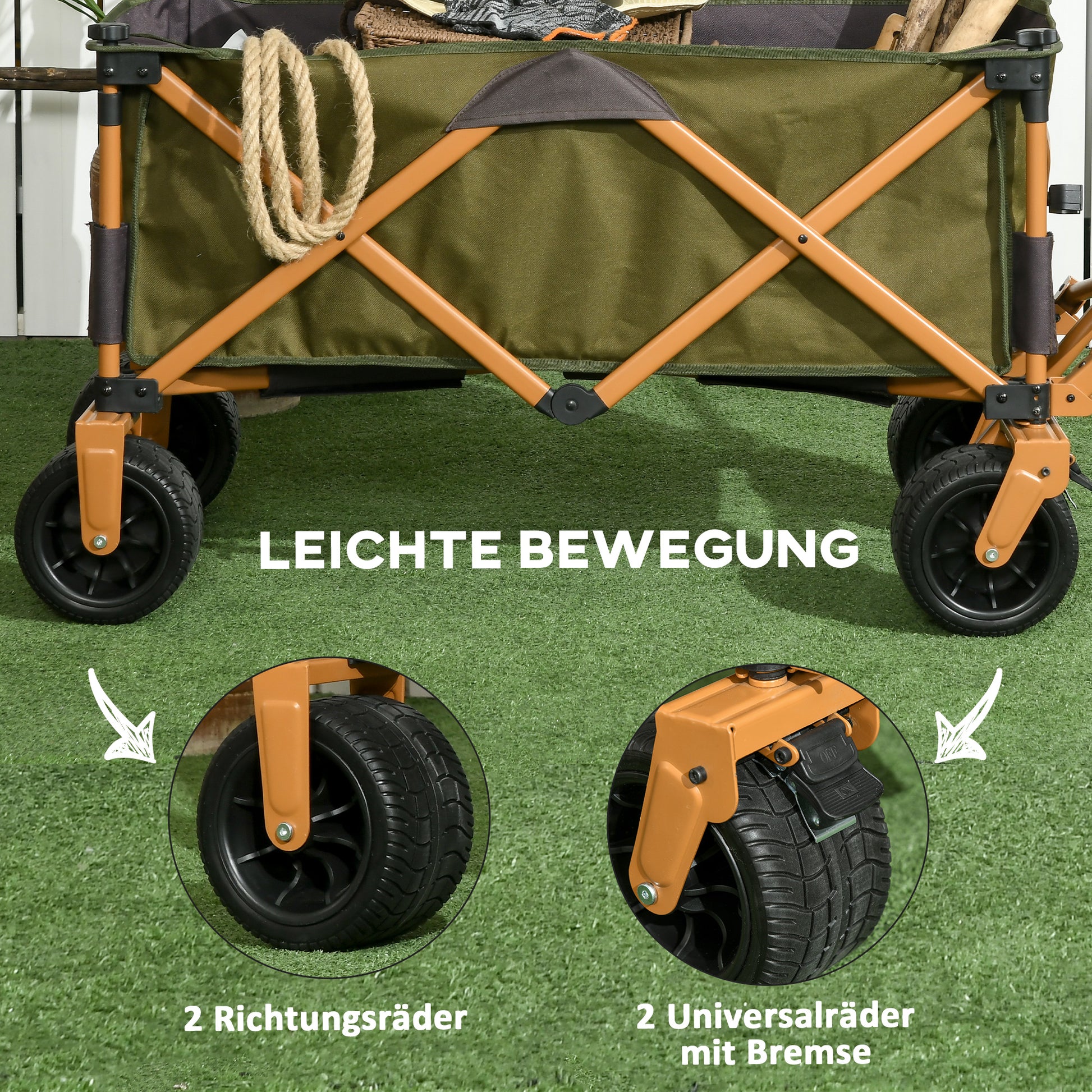 Folding Cart, Transport Cart with Adjustable Handle, Beach Cart, Garden Cart with Folding Table, Load Capacity up to 120 kg, Green